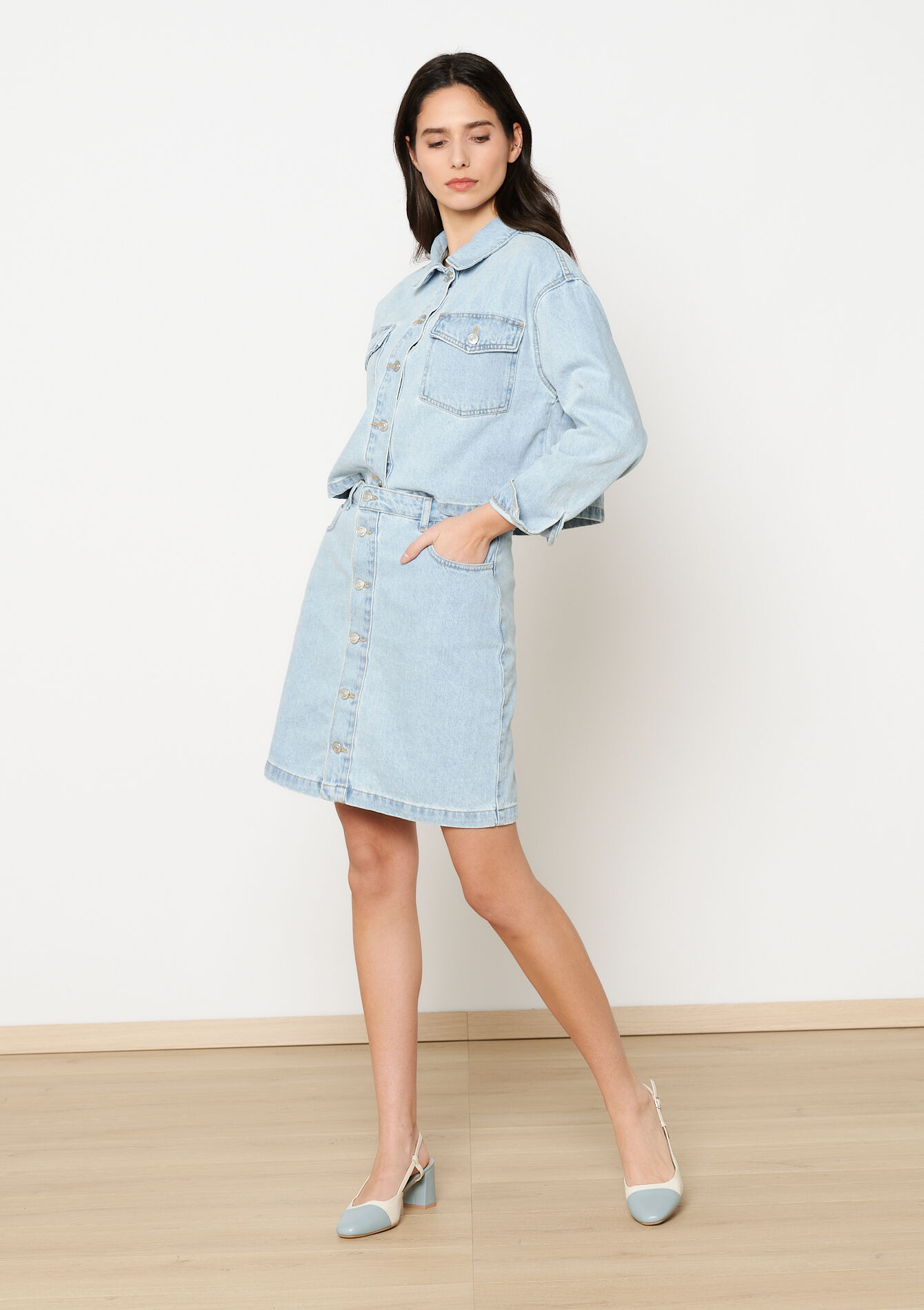 Jupe mi-longue en denim, Jupe mi-longue en denim - BLUE BLEACHED - 07101336_0502