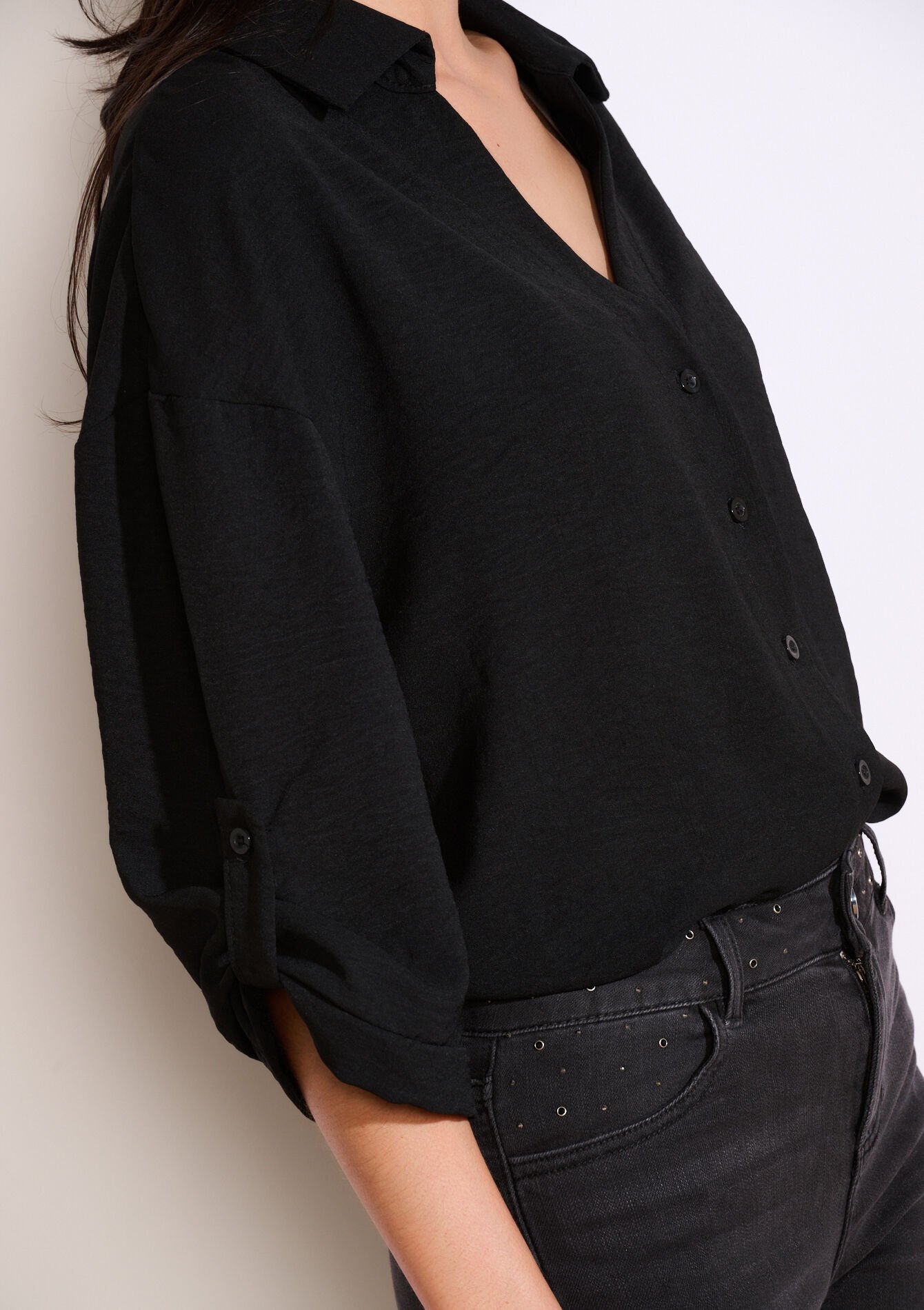 Losvallend overhemd met knopen, Losvallend overhemd met knopen - BLACK - 05702938_1119