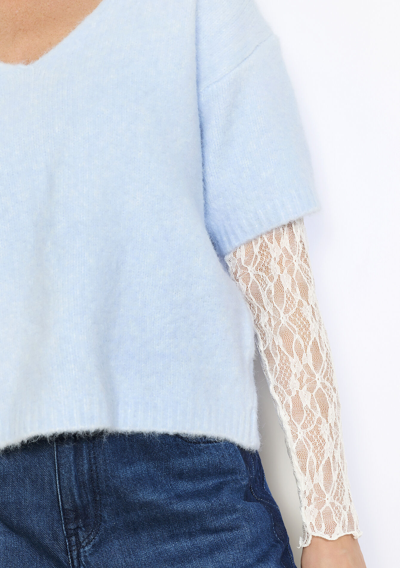 Pluizige trui met kanten lagen, Pluizige trui met kanten lagen - LT BLUE - 04007081_2519
