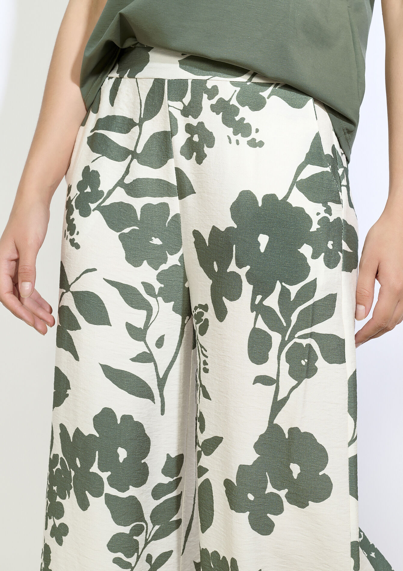 Wijde bloemenprint broek - KHAKI MED - 06600968_4327