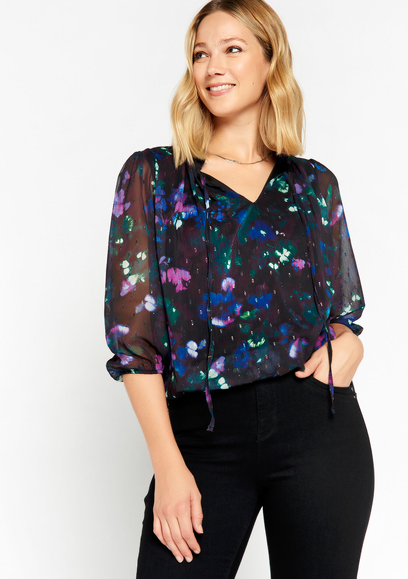 Blouse with tie collar, Blouse with tie collar - BLACK - 05702331_1119