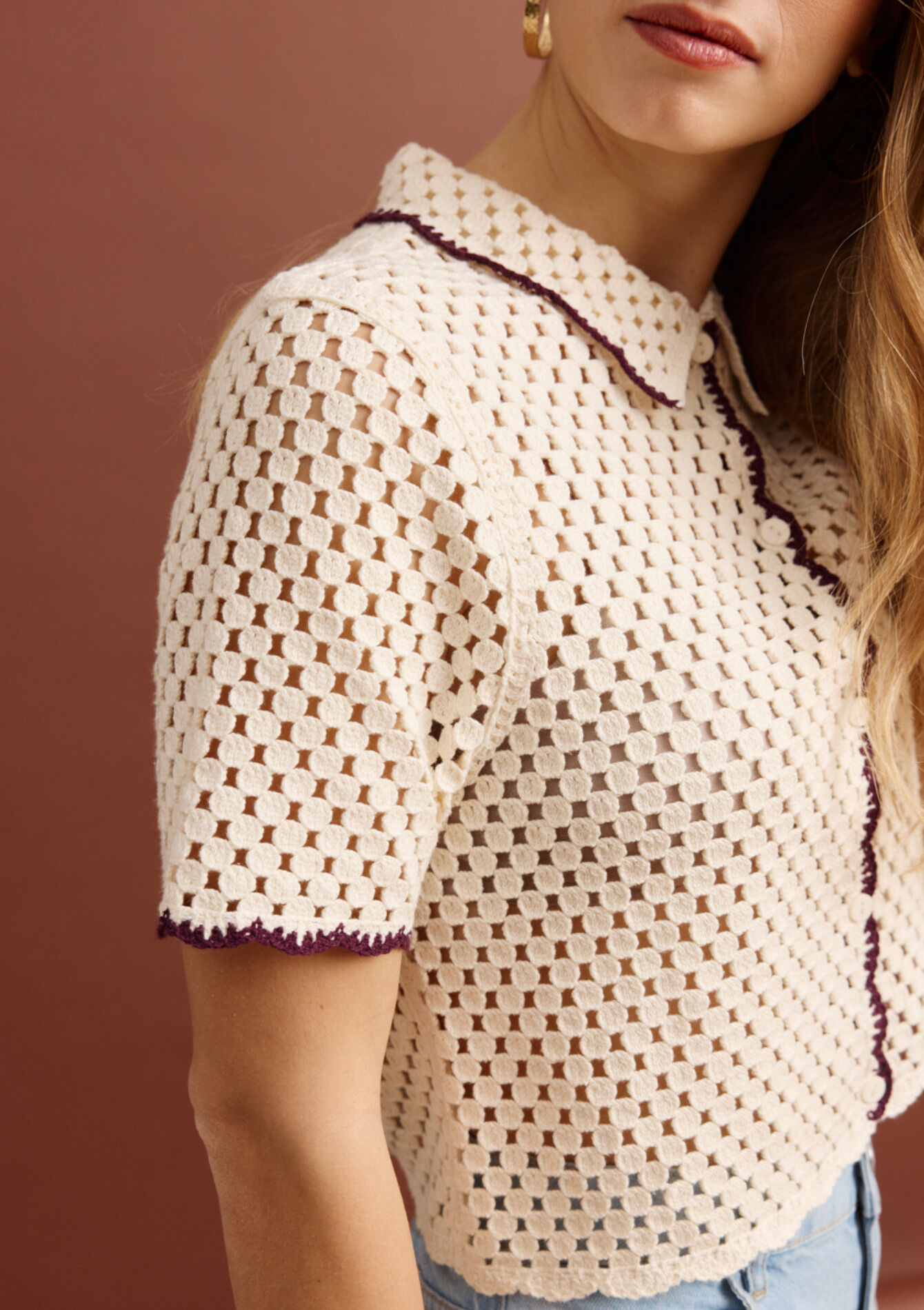 Crochet short-sleeve top - VANILLA WHITE - 02301989_1013