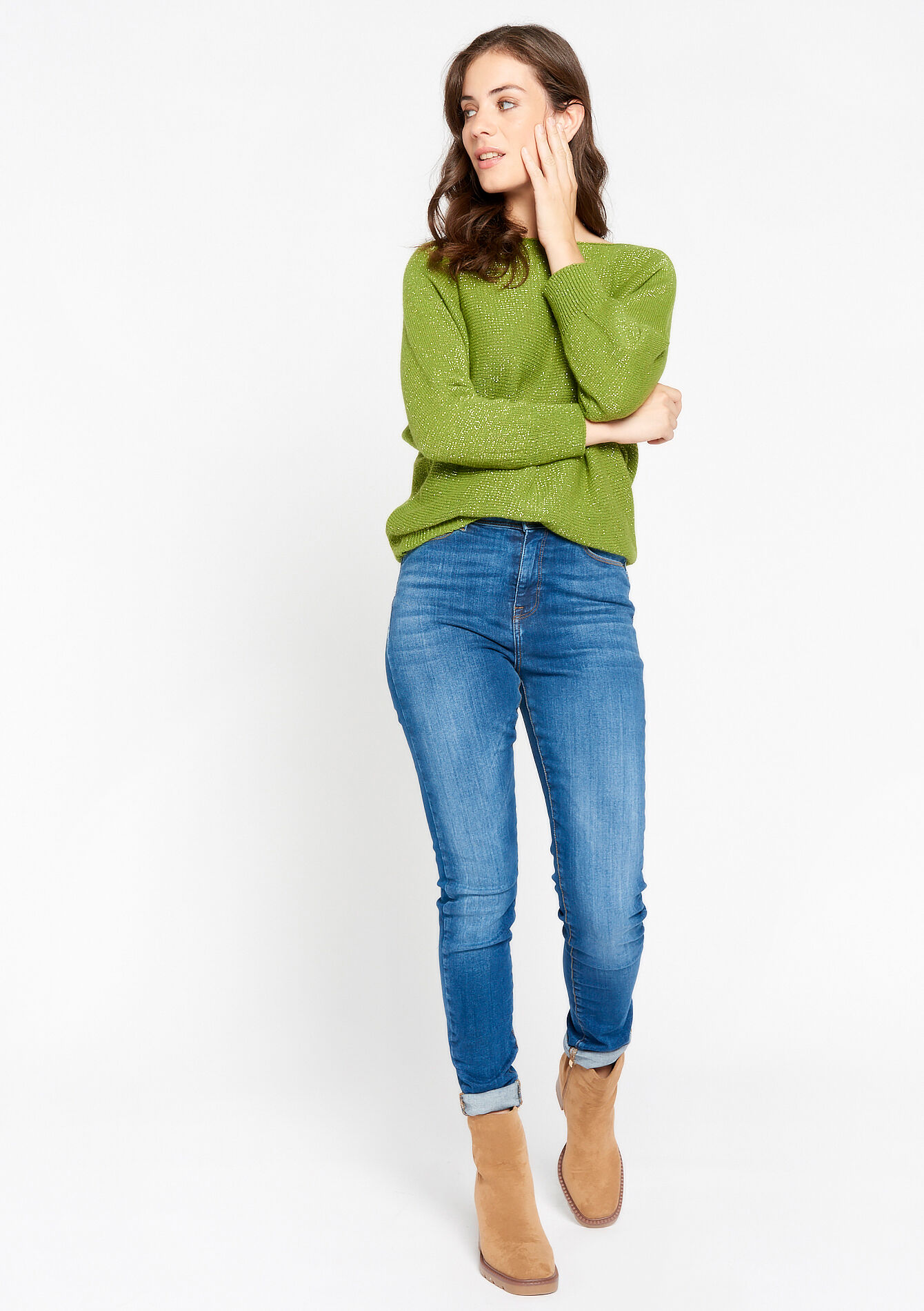 Lurex pullover with batwing sleeves, Lurex pullover with batwing sleeves - GREEN MOSS - 04005984_4504