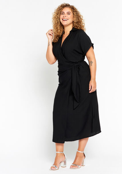 Wrap dress in crinkle fabric - BLACK - 08602150_1119