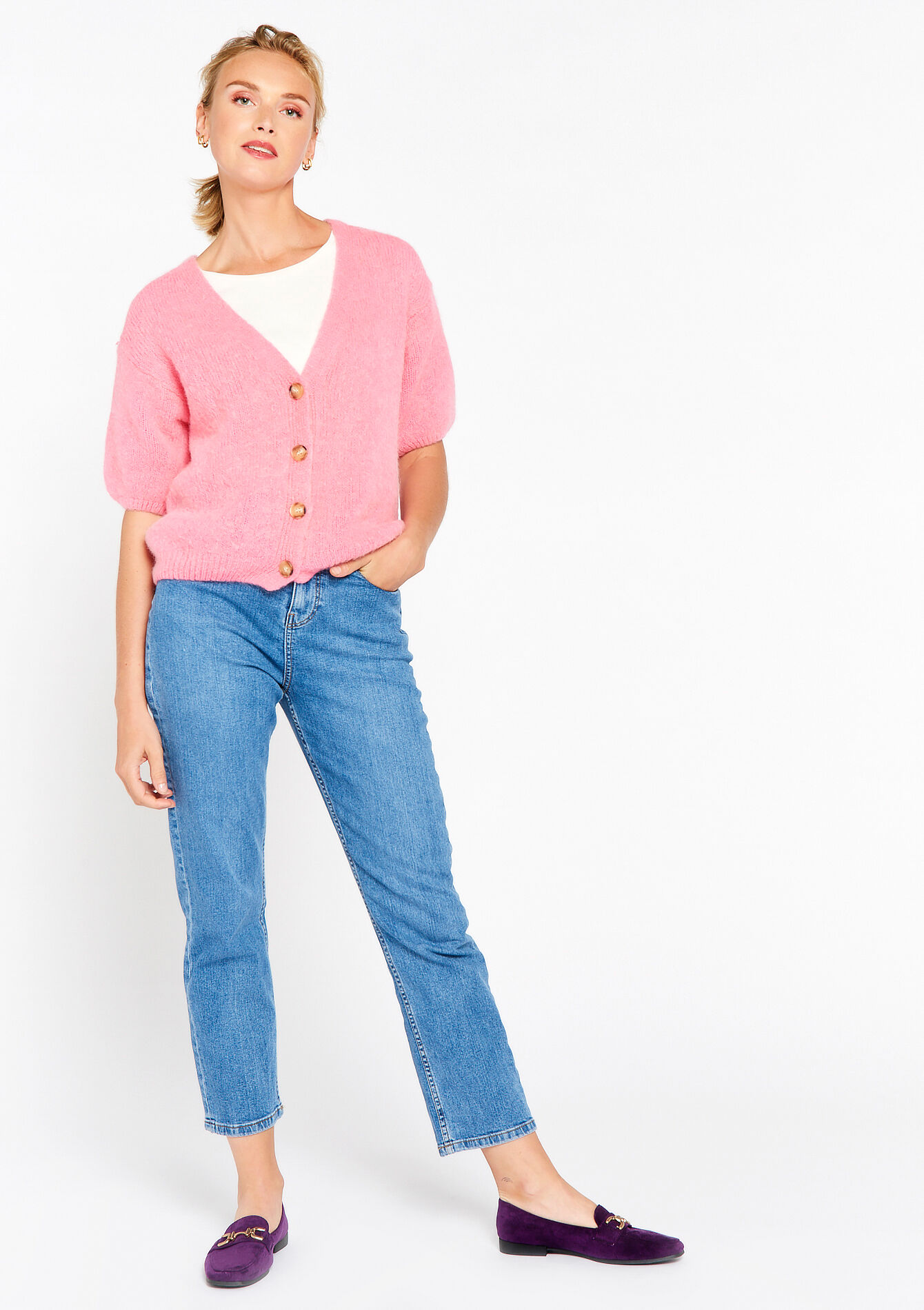Short-sleeved cardigan, Short-sleeved cardigan - PINK BUBBLEGUM - 04101072_1477