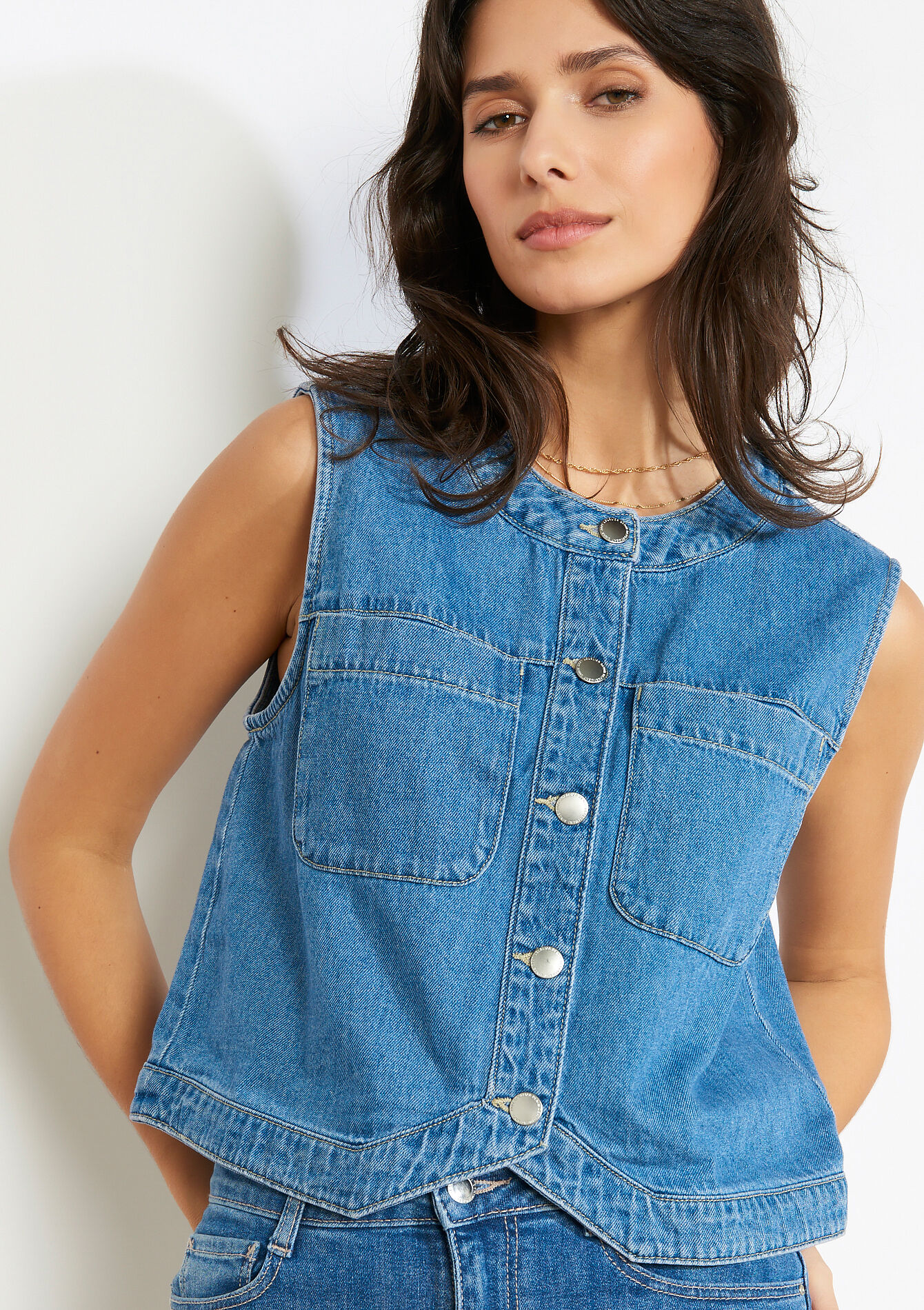 Mouwloze denim gilet, Mouwloze denim gilet - MEDIUM BLUE - 09101097_0500