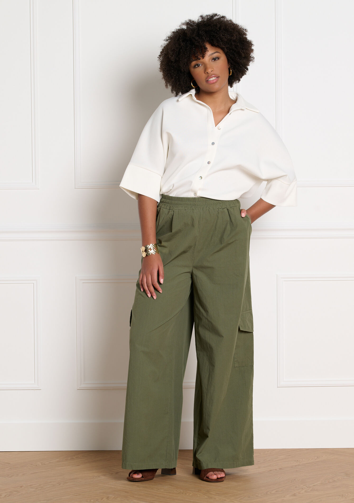 Wijde cargobroek, Wijde cargobroek - KHAKI MED - 06601129_4327