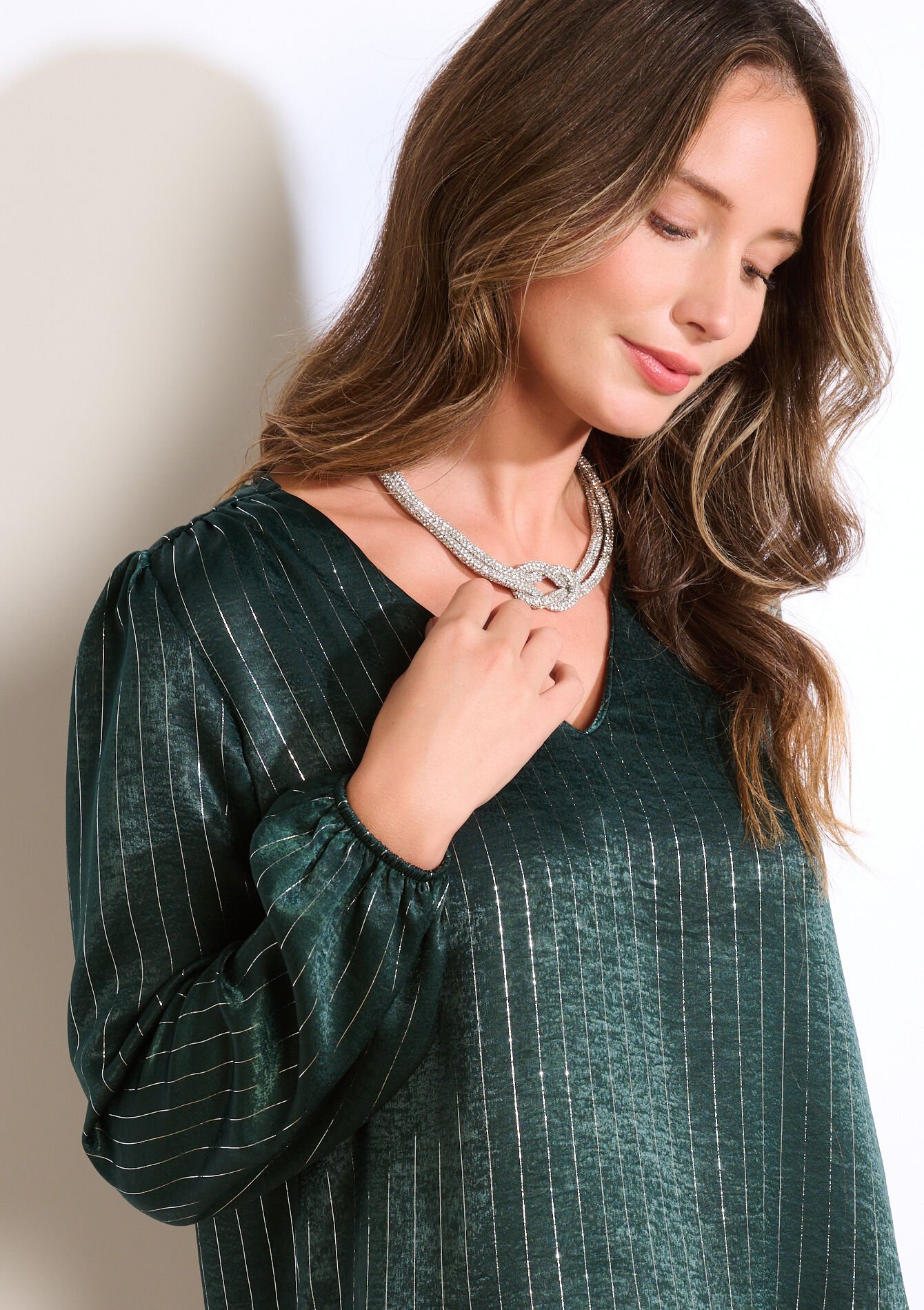 Blouse satinée à rayures lurex, Blouse satinée à rayures lurex - BOTTLE GREEN - 05703004_1778