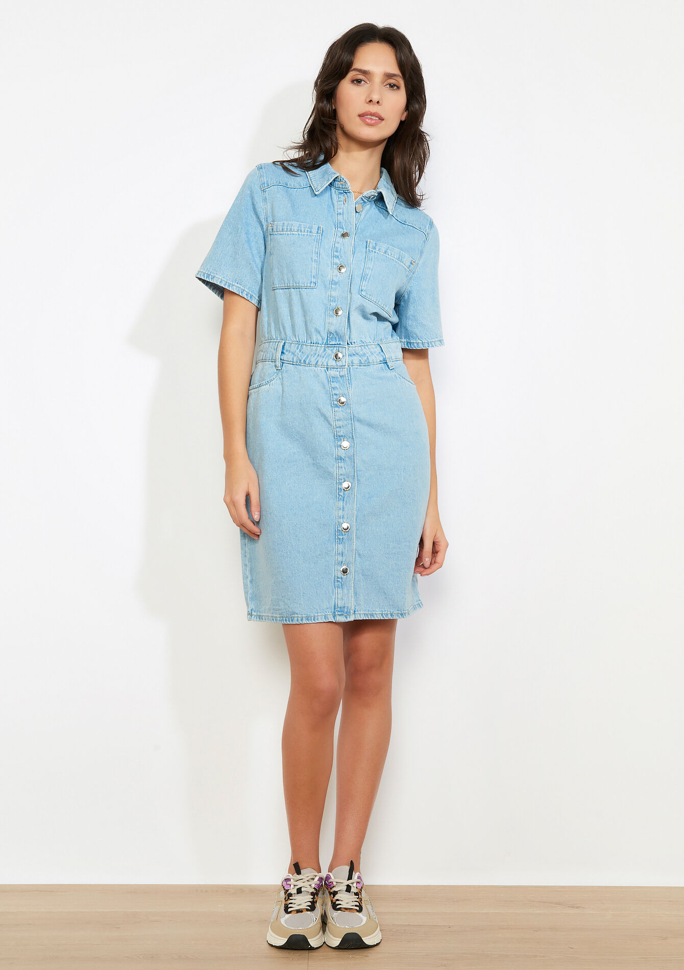 Robe chemise en jean courte, Robe chemise en jean courte - BLUE BLEACHED - 08104290_0502