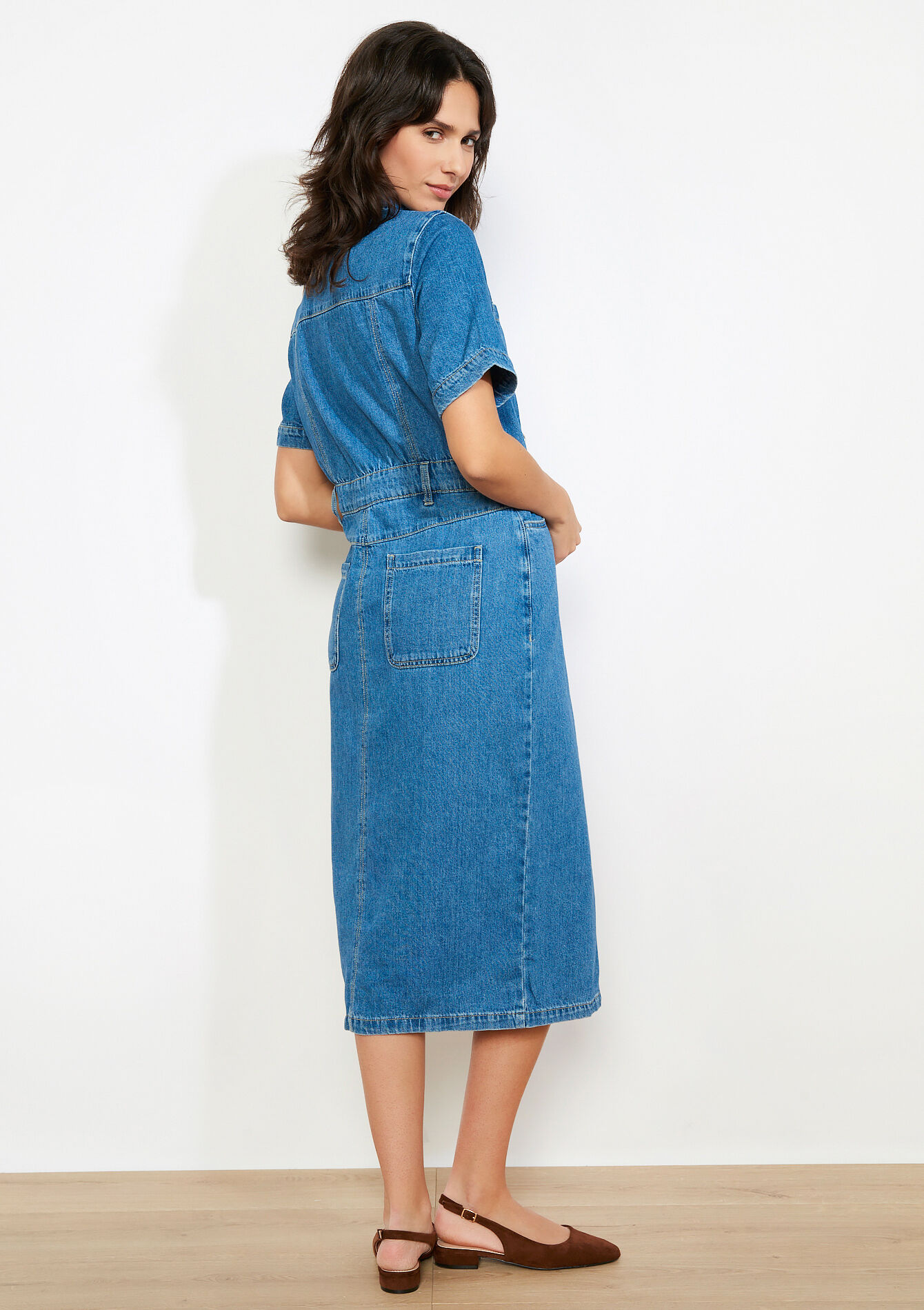 Midi overhemdjurk van denim - MEDIUM BLUE - 08104295_0500