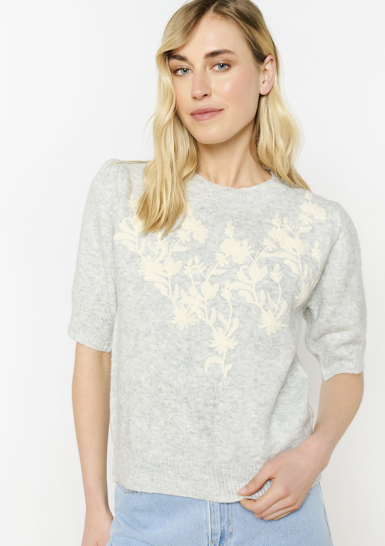 Pull broderie florale - LT GREY - 04006842_2574