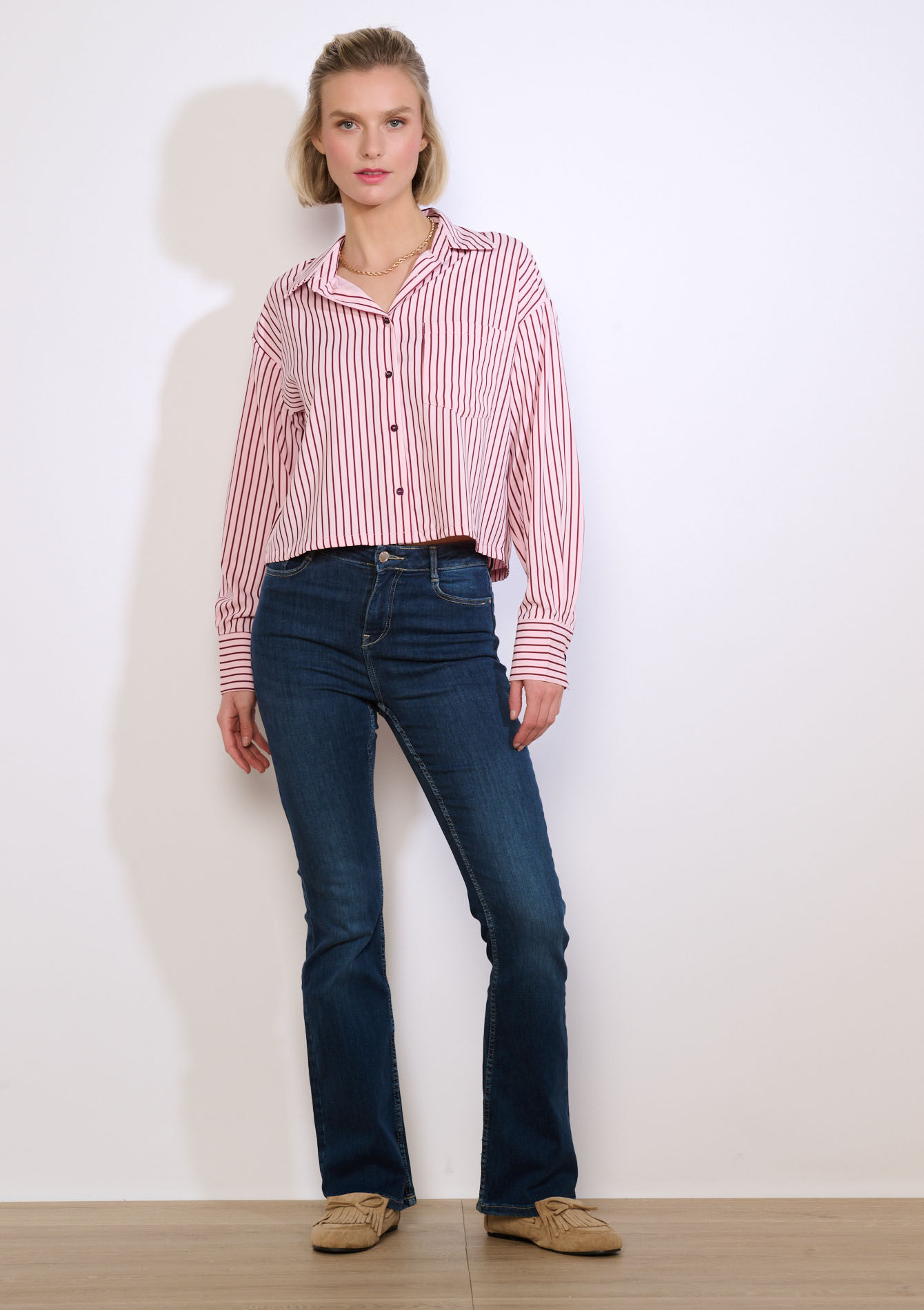 Cropped gestreept poplin hemd - COSMETIC PINK - 05703040_5733