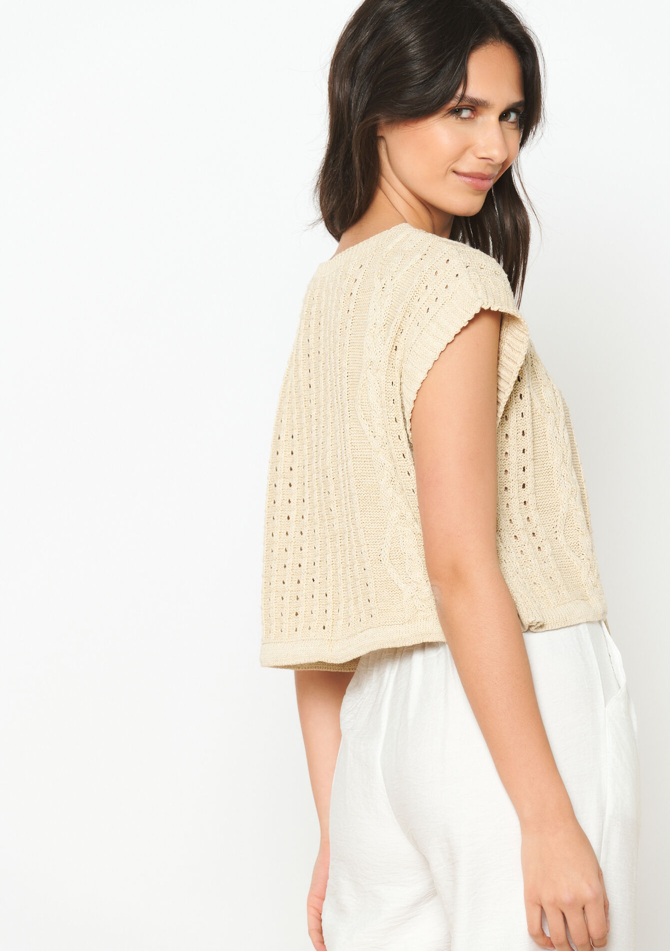 Crochet trui met korte mouwen, Crochet trui met korte mouwen - LT BEIGE - 04006544_2527