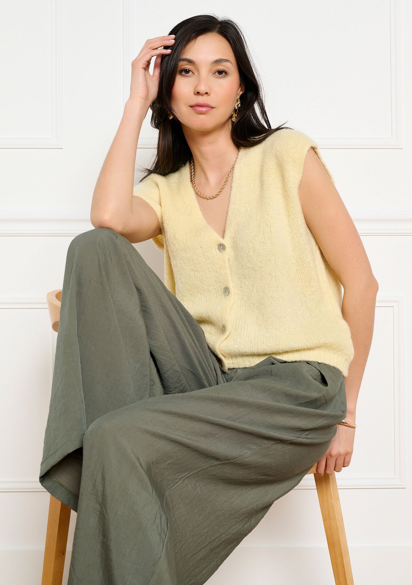 Mouwloze gebreide cardigan, , back