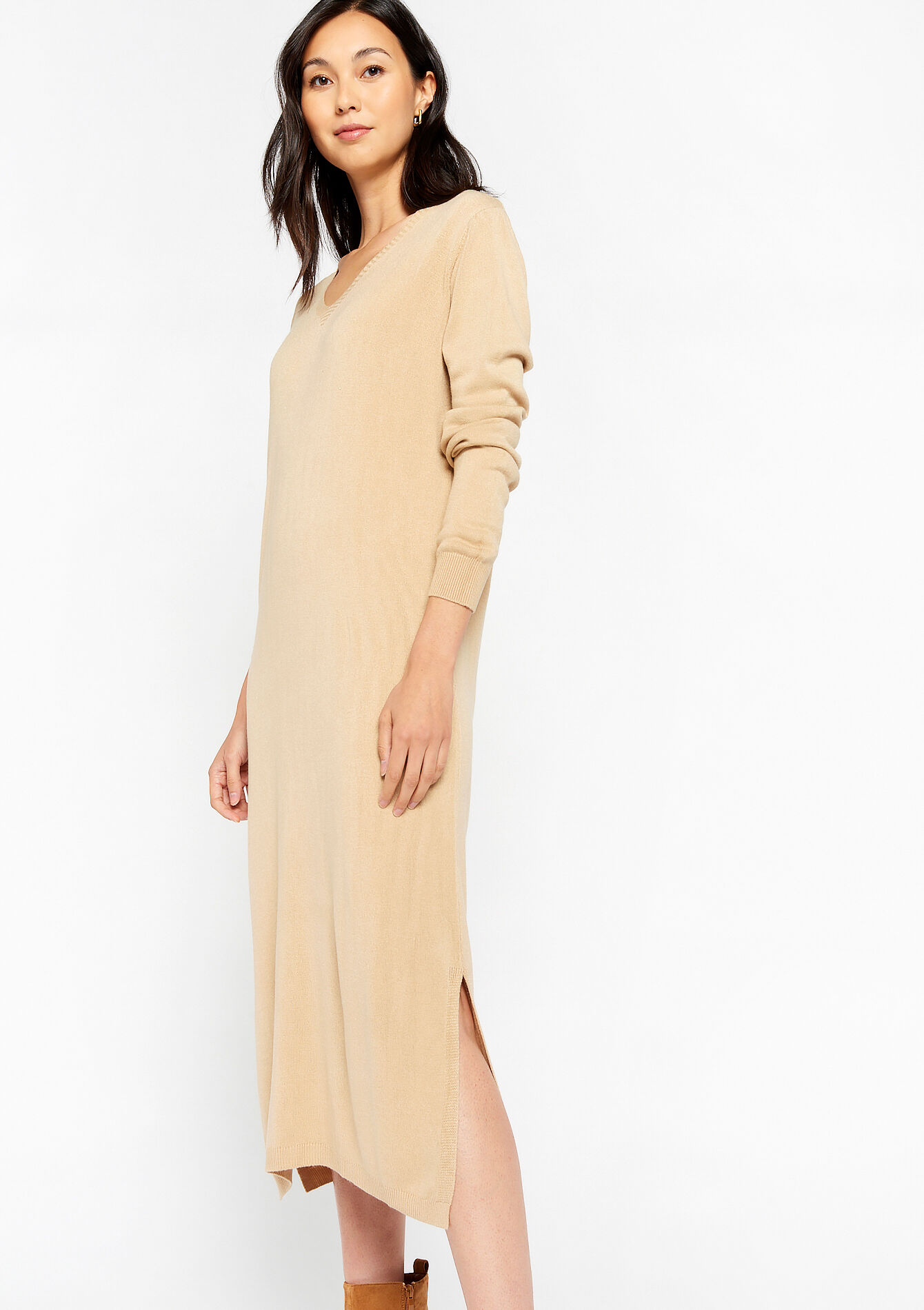 Knitted dress with V-neck, Knitted dress with V-neck - LIGHT CAMEL - 08602181_3814