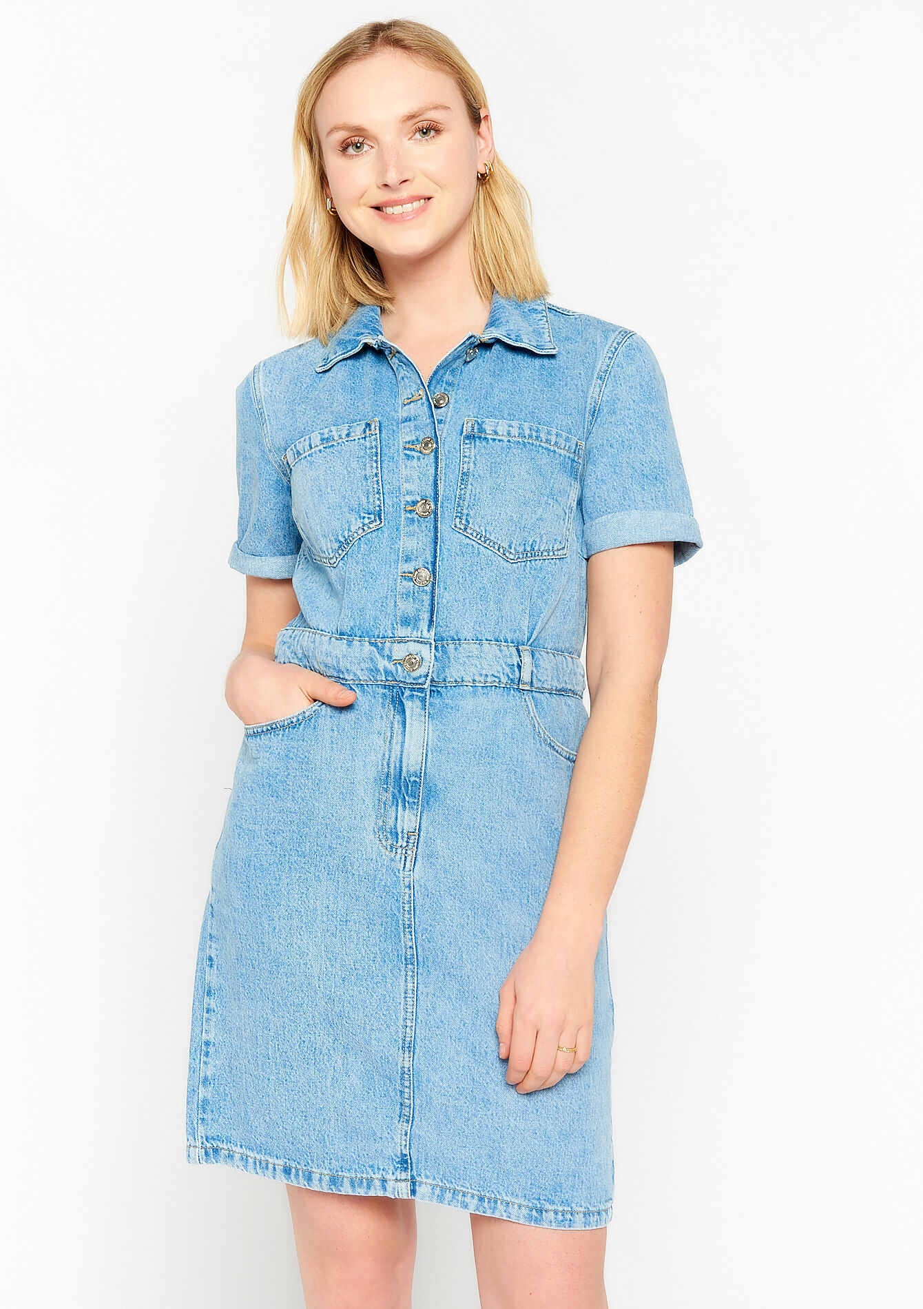 Robe courte en denim, Robe courte en denim - BLUE BLEACHED - 08103210_0502