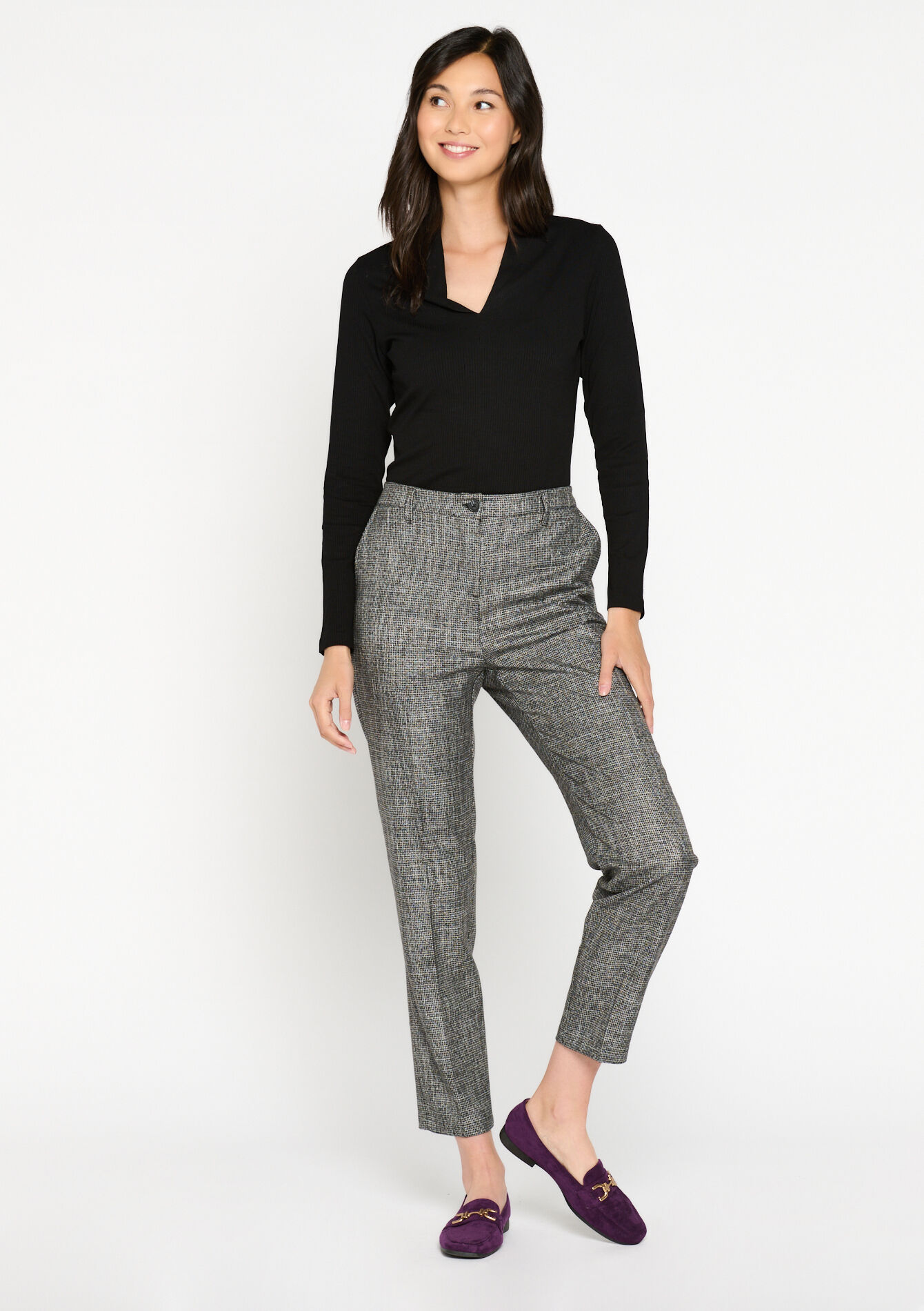 Cigarette trousers with pied-de-poule - BLACK - 1082086