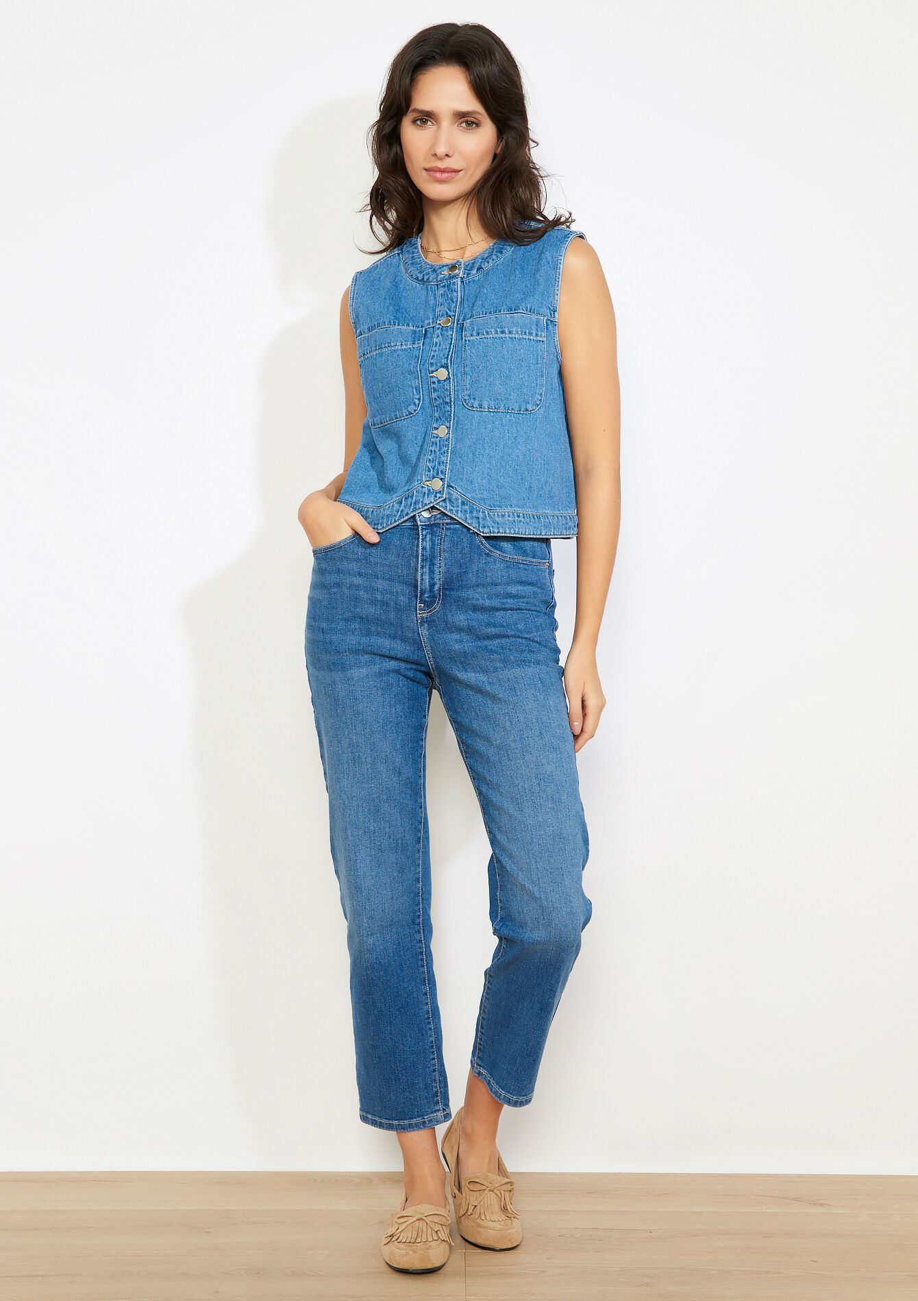 Mouwloze denim gilet, Mouwloze denim gilet - MEDIUM BLUE - 09101097_0500