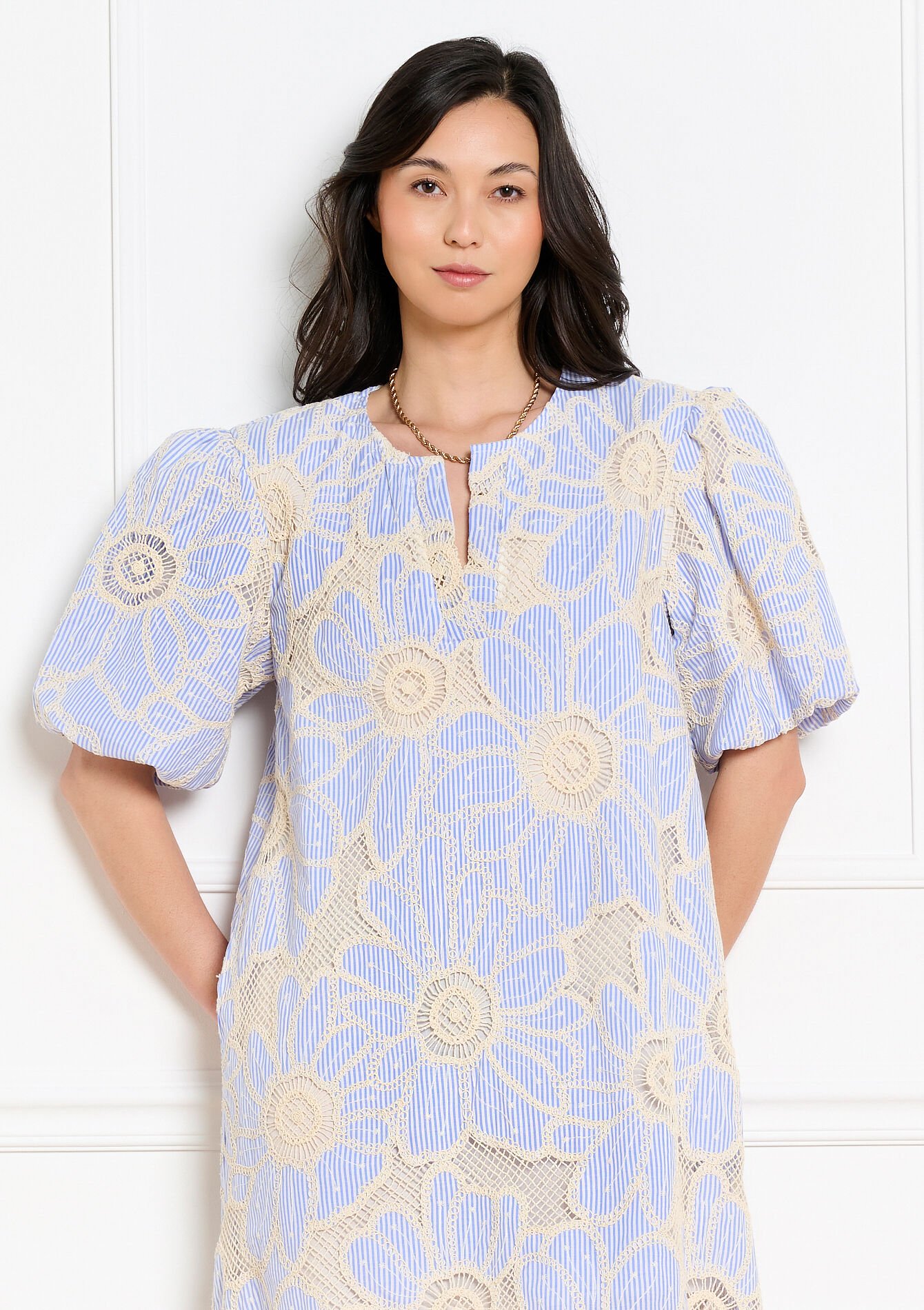 Robe courte brodée volume, Robe courte brodée volume - BLUE PASTEL - 08104513_3003