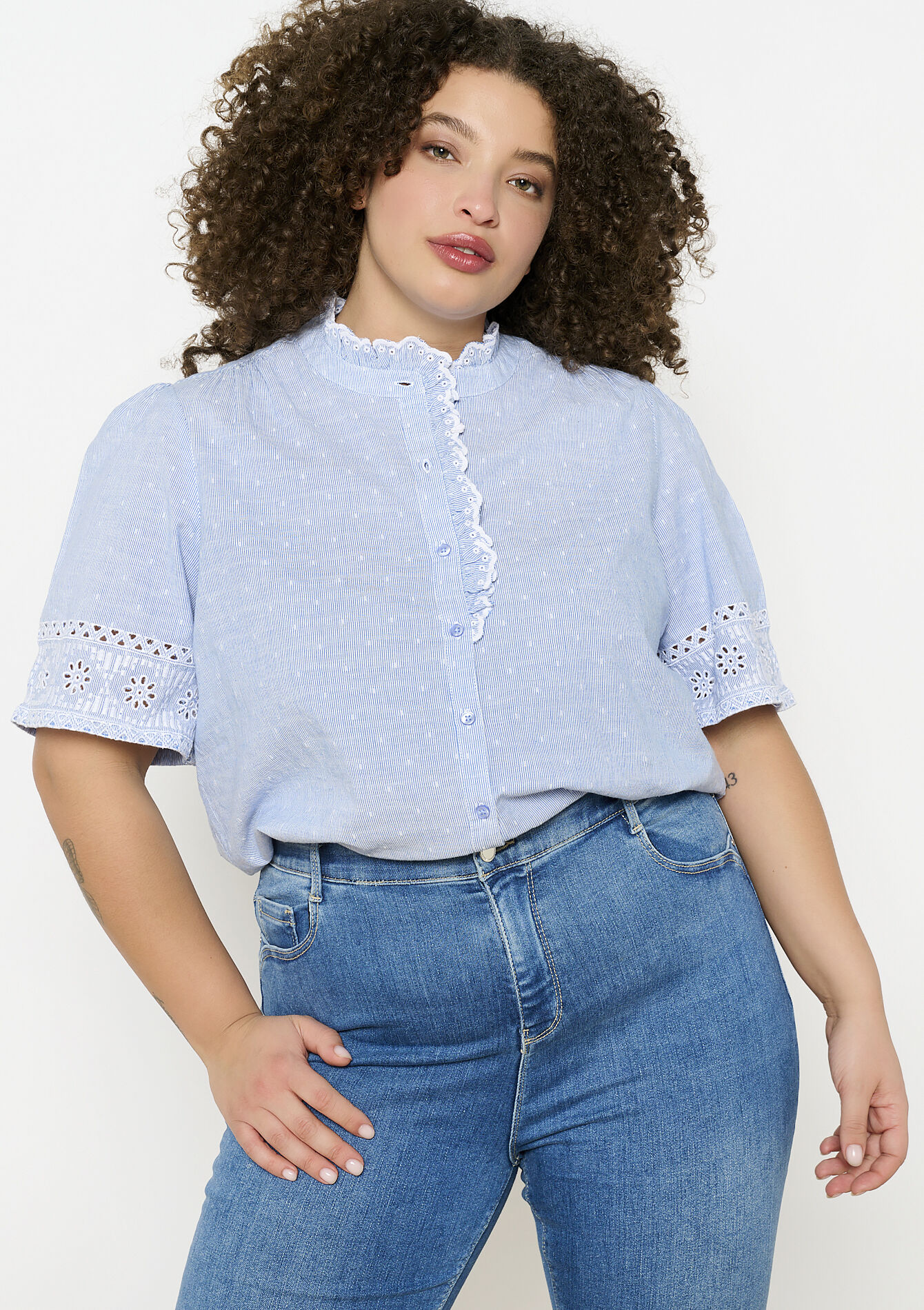 Embroidered cotton blouse, Embroidered cotton blouse - BLUE PASTEL - 1114609