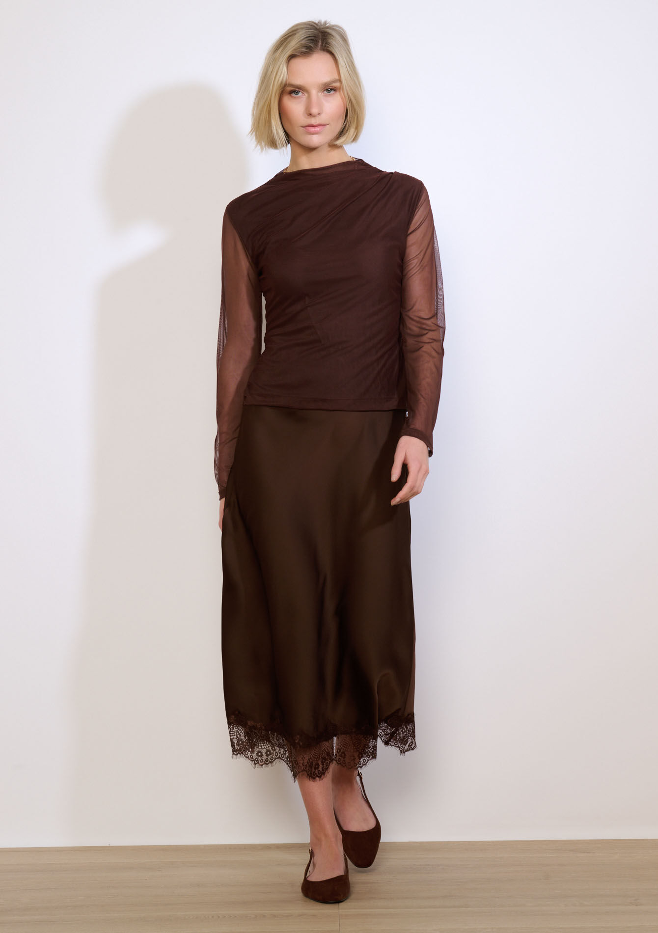 Draped mesh top - BROWN DARK CHOCOLATE - 02400385_3720