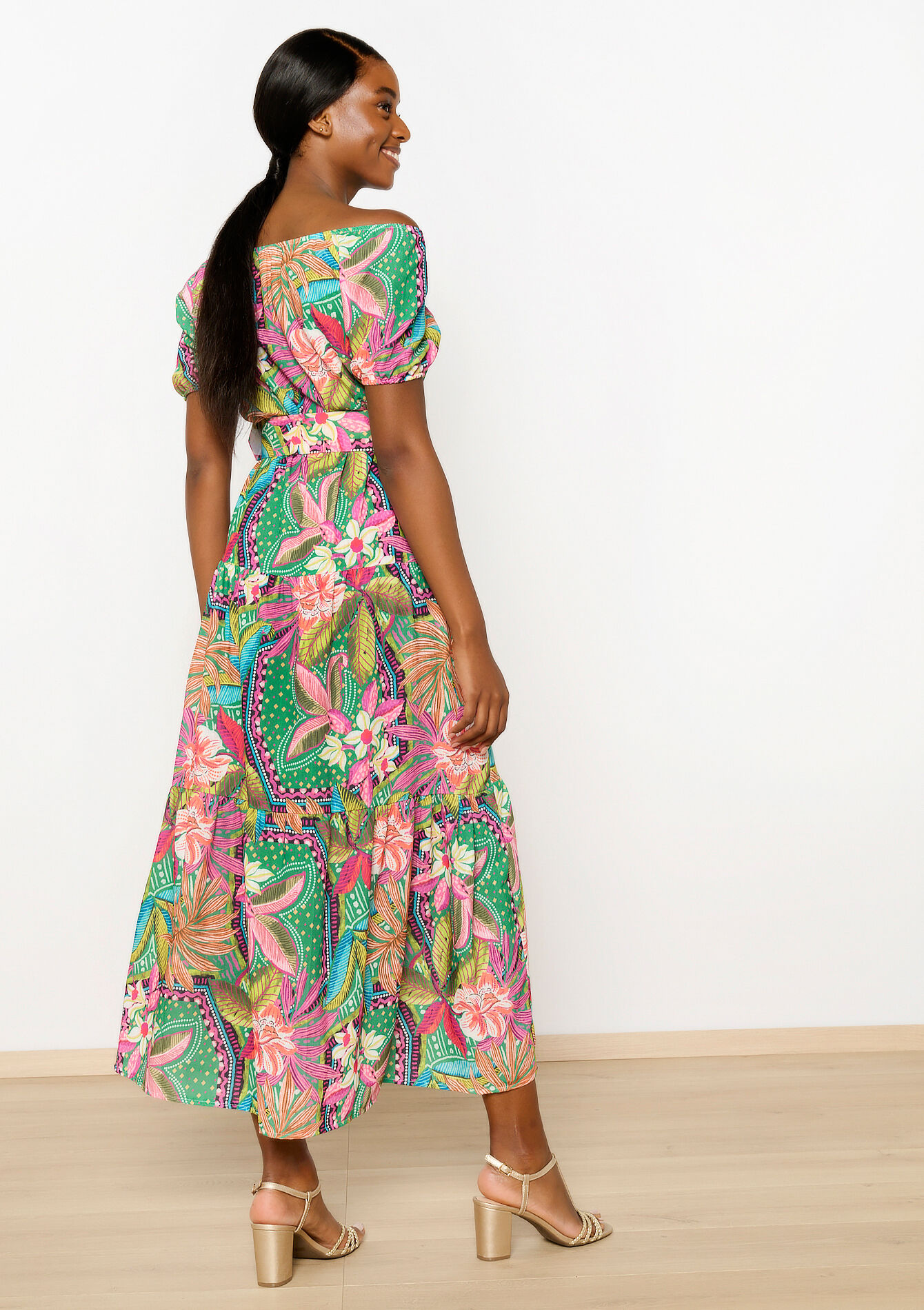 Off-shoulder jurk met tropische print, Off-shoulder jurk met tropische print - GREEN APPLE - 08103669