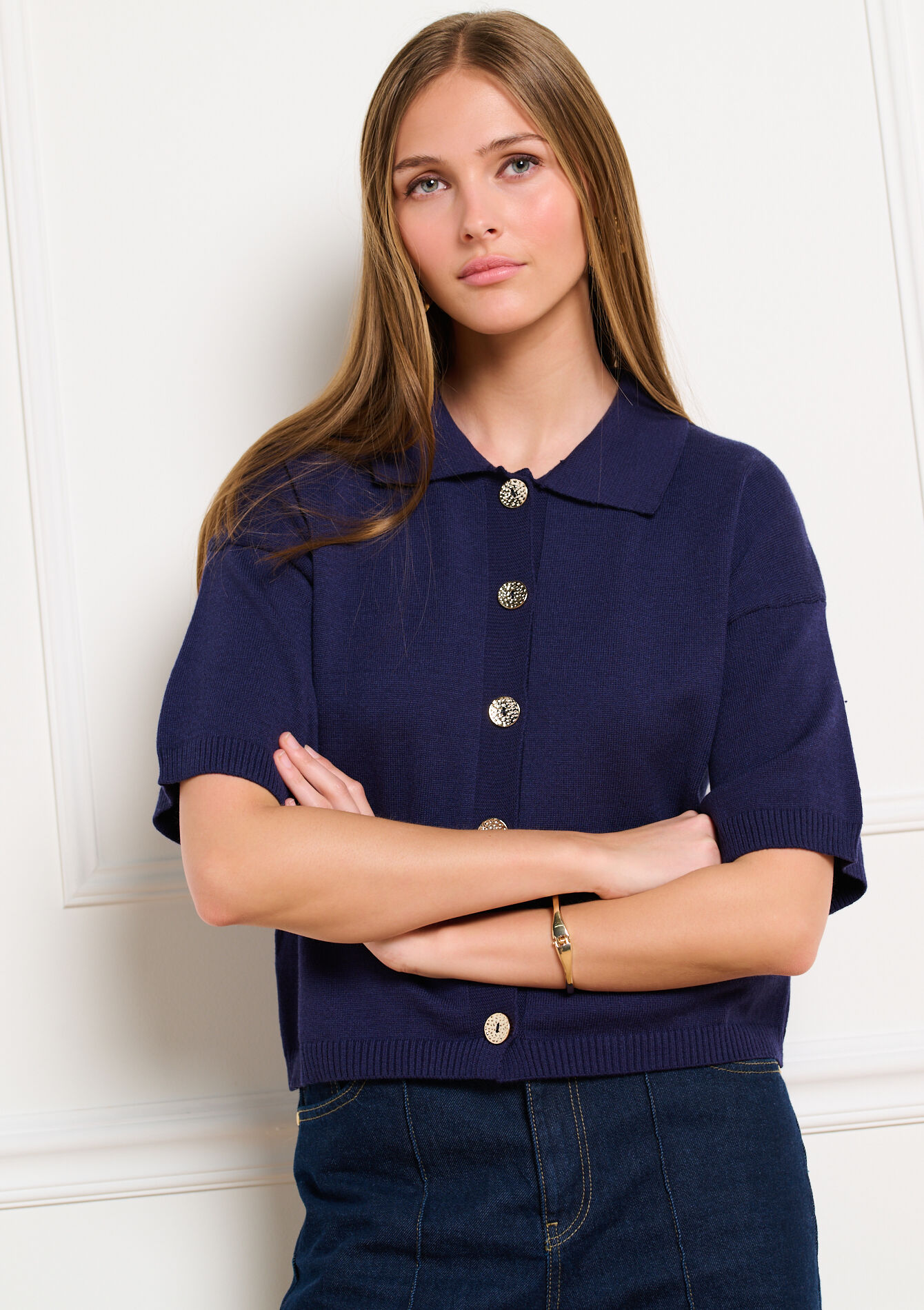 Kortemouw cardigan met polokraag - NAVY BASIC - 04101480_2723