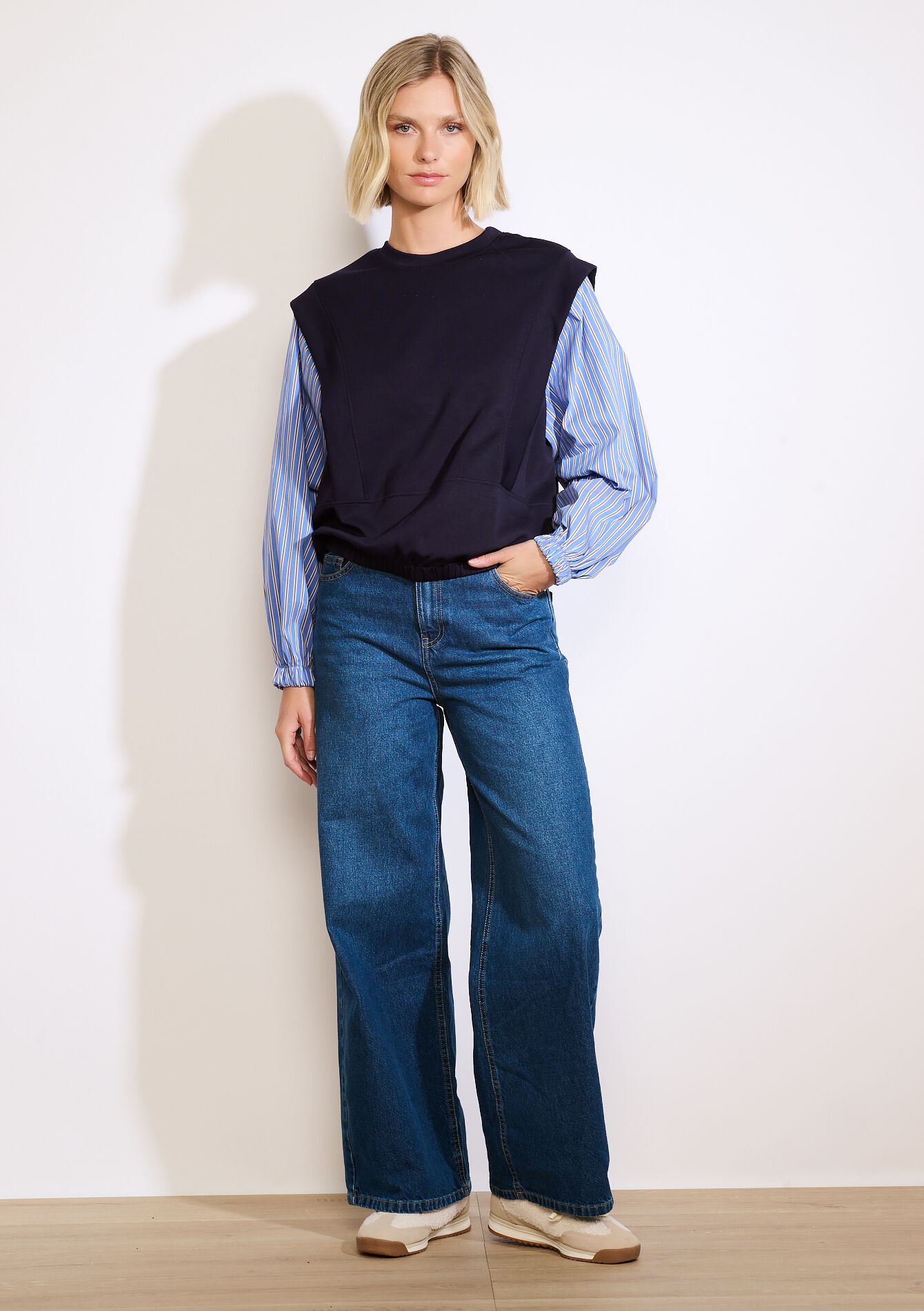 Sweat bimatière manches rayées, Sweat bimatière manches rayées - NAVY BASIC - 03001811