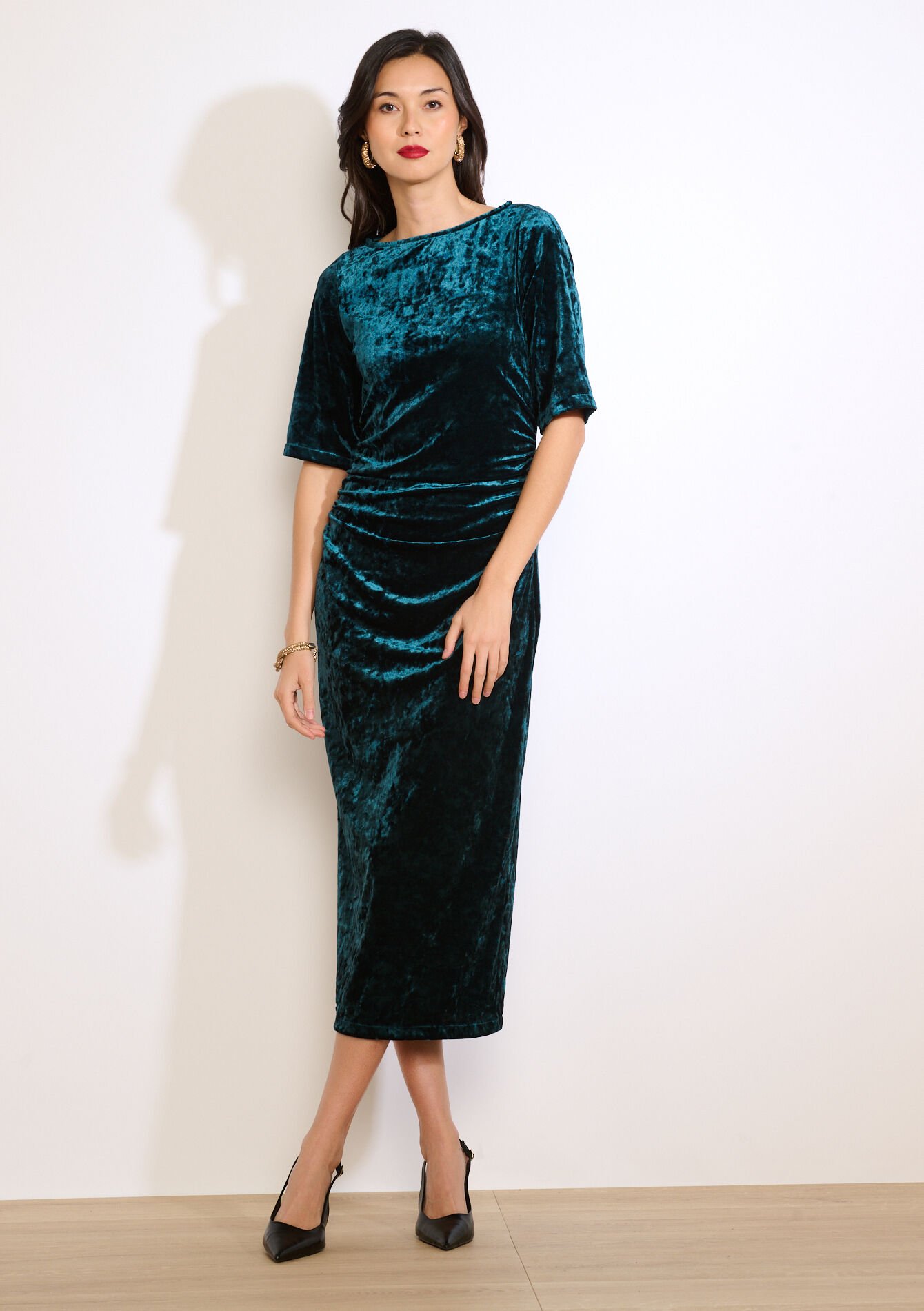 Robe midi drapée en velours - BOTTLE GREEN - 08104350_1778