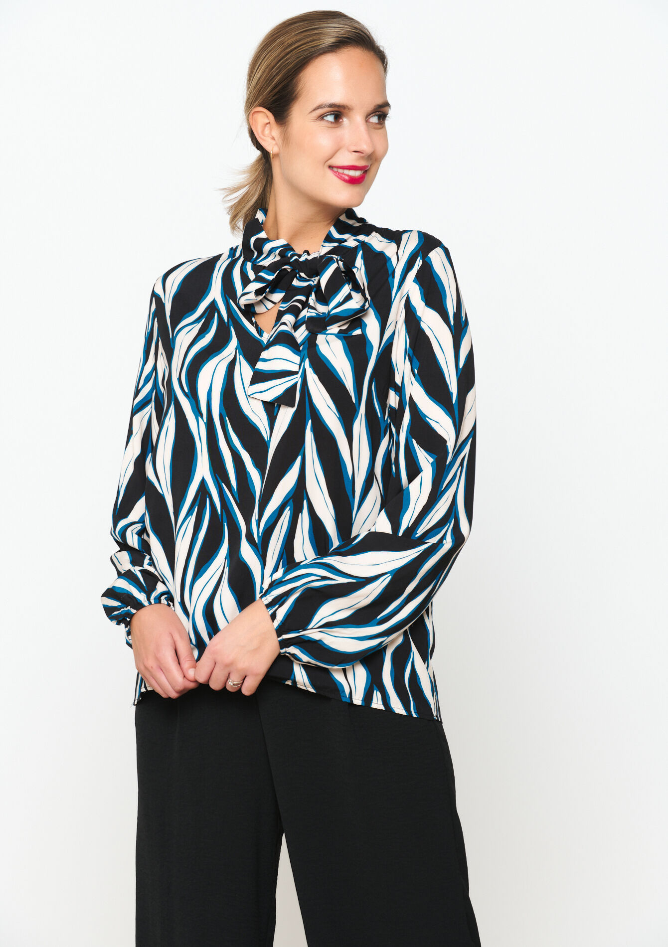 Blouse with bow tie, Blouse with bow tie - PEACOCK BLUE - 05702401_1561