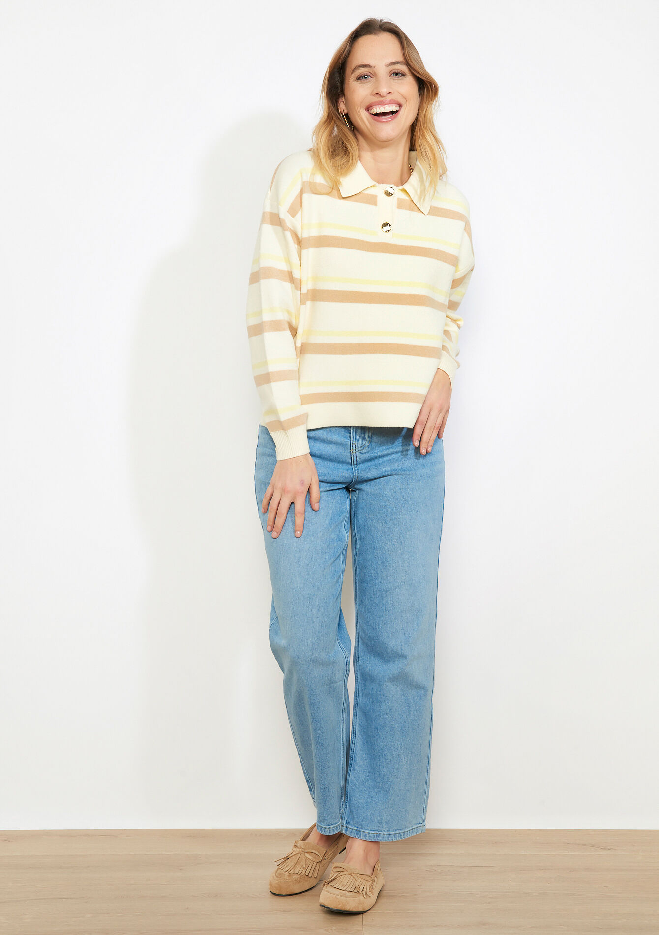 Polo rayé en maille - LT BEIGE - 04007183