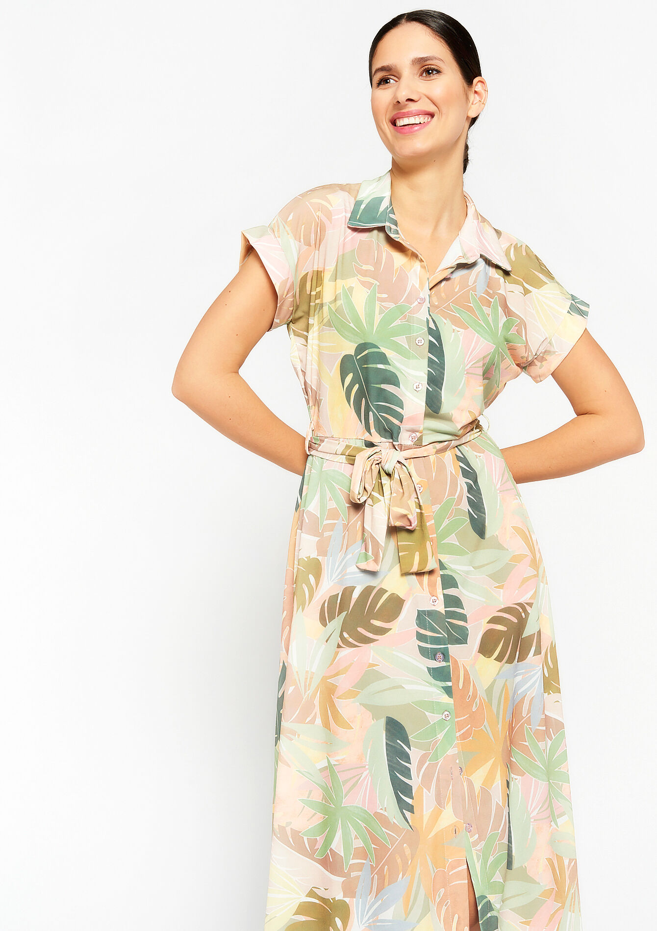 Shirt dress with tropical print - LT BEIGE - 08601983_2527