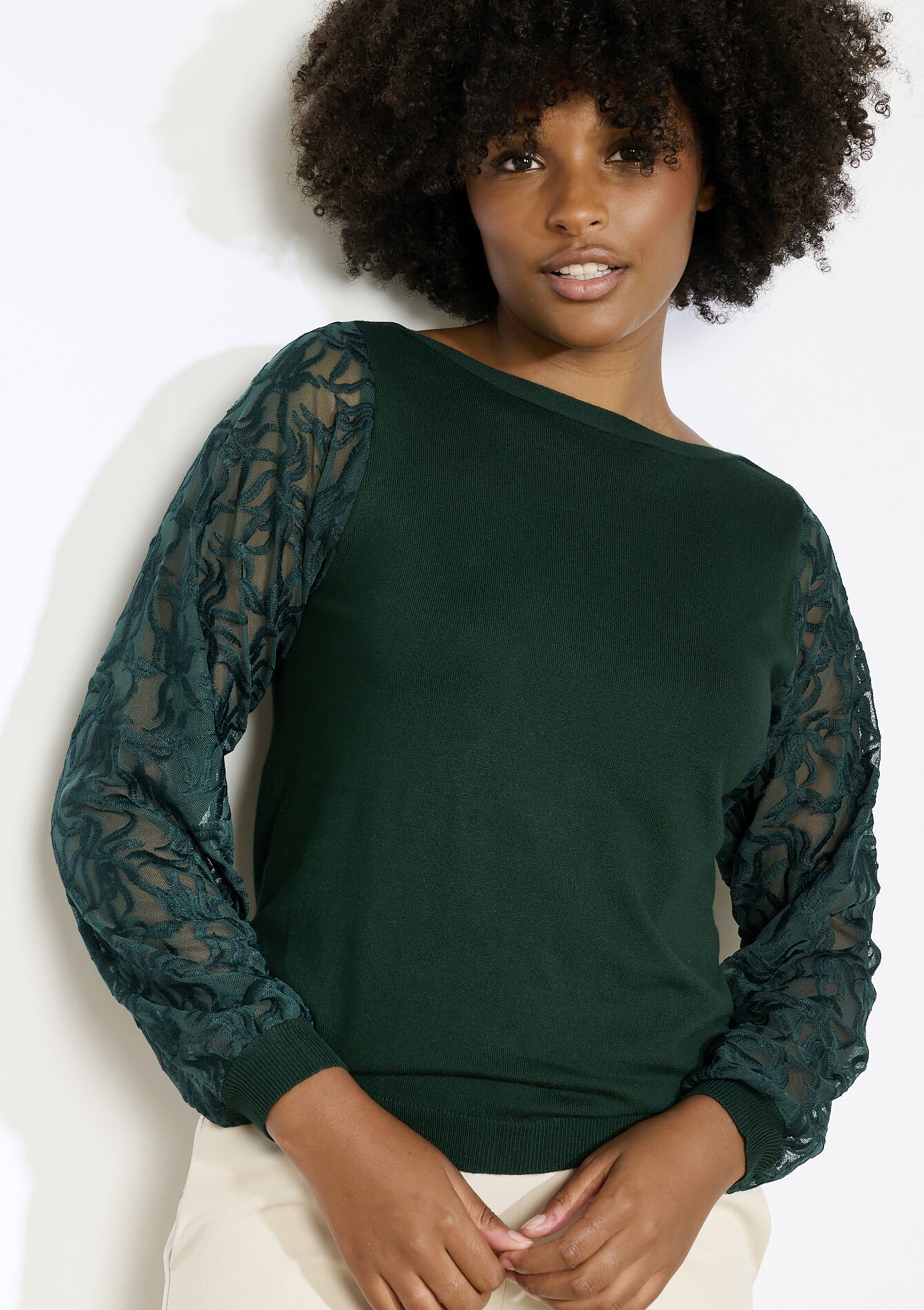 Trui met transparante mouwen, Trui met transparante mouwen - BOTTLE GREEN - 04006917_1778