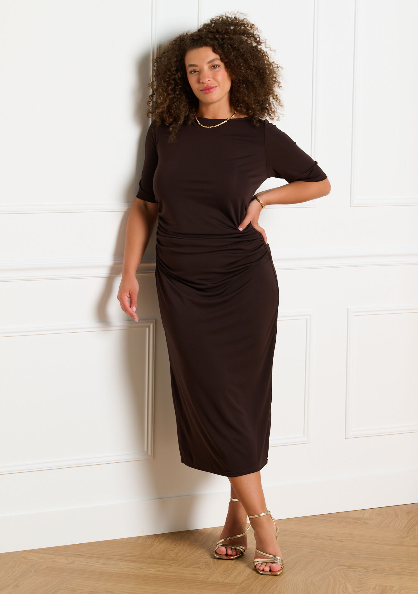 Gedrapeerde midi jurk - BROWN DARK CHOCOLATE - 08104469_3720