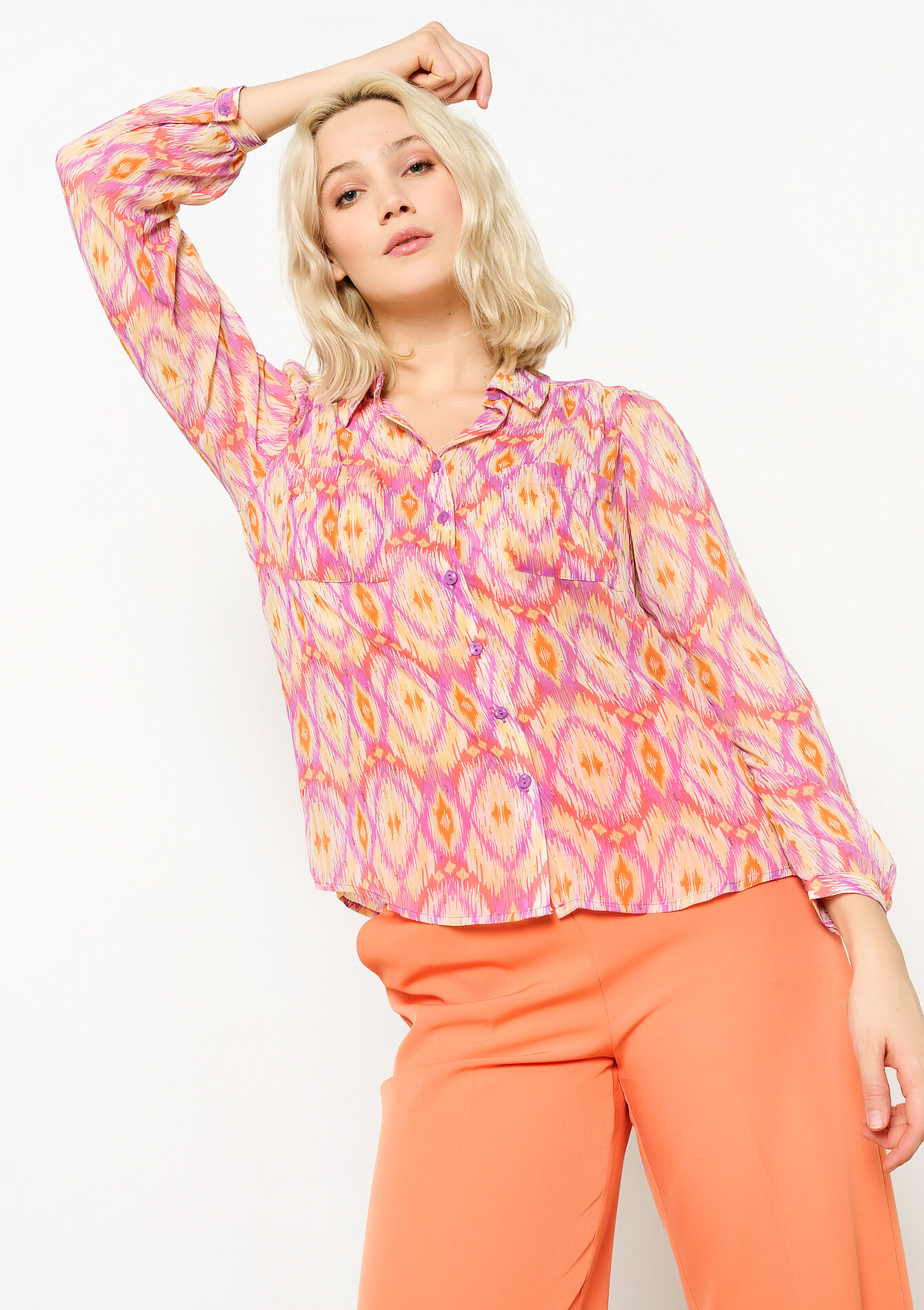 Lurex shirt with ikat print, Lurex shirt with ikat print - PINK BUBBLEGUM - 05702370_1477