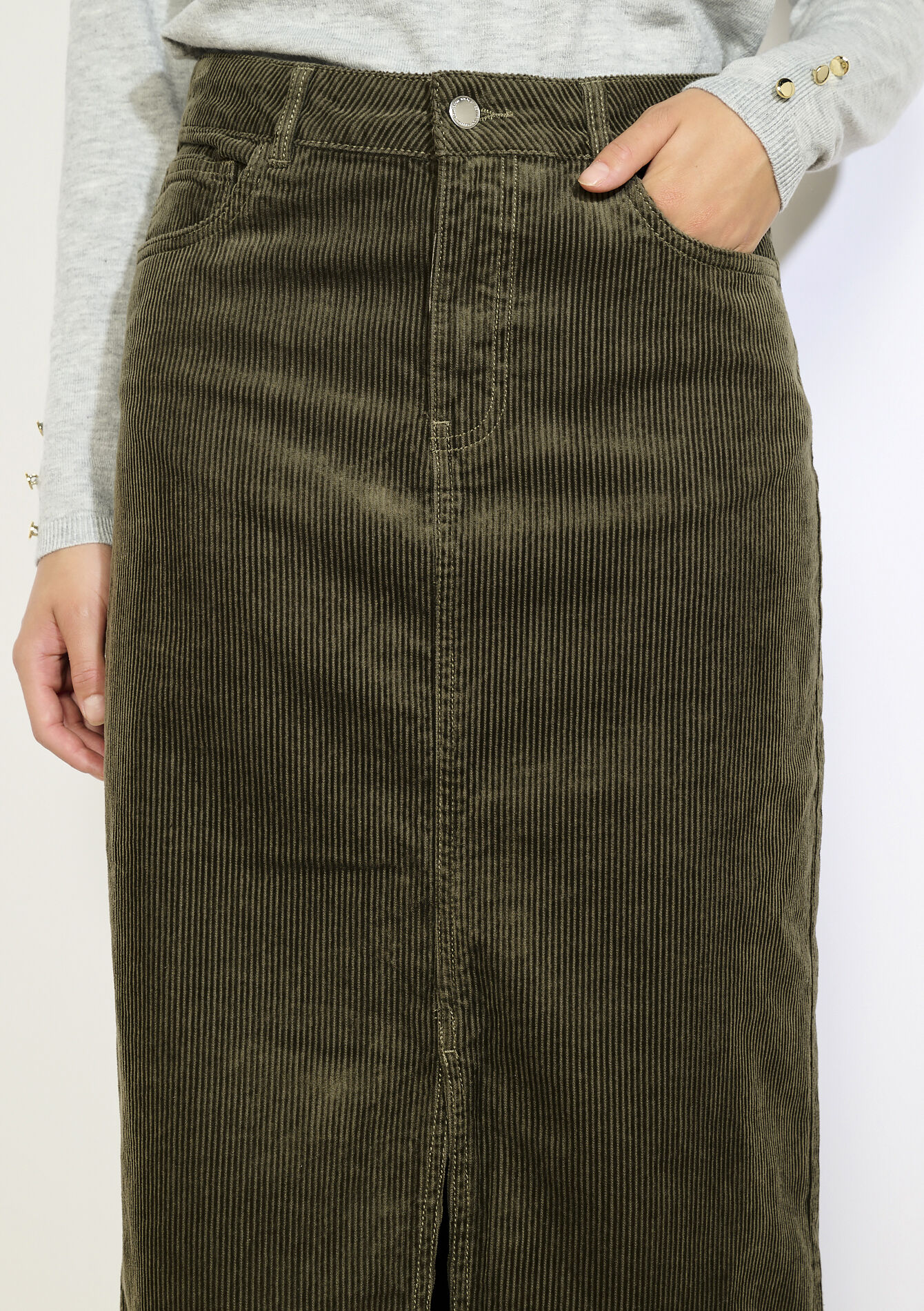 Lange ribfluwelen rok, Lange ribfluwelen rok - KHAKI MED - 07101354_4327