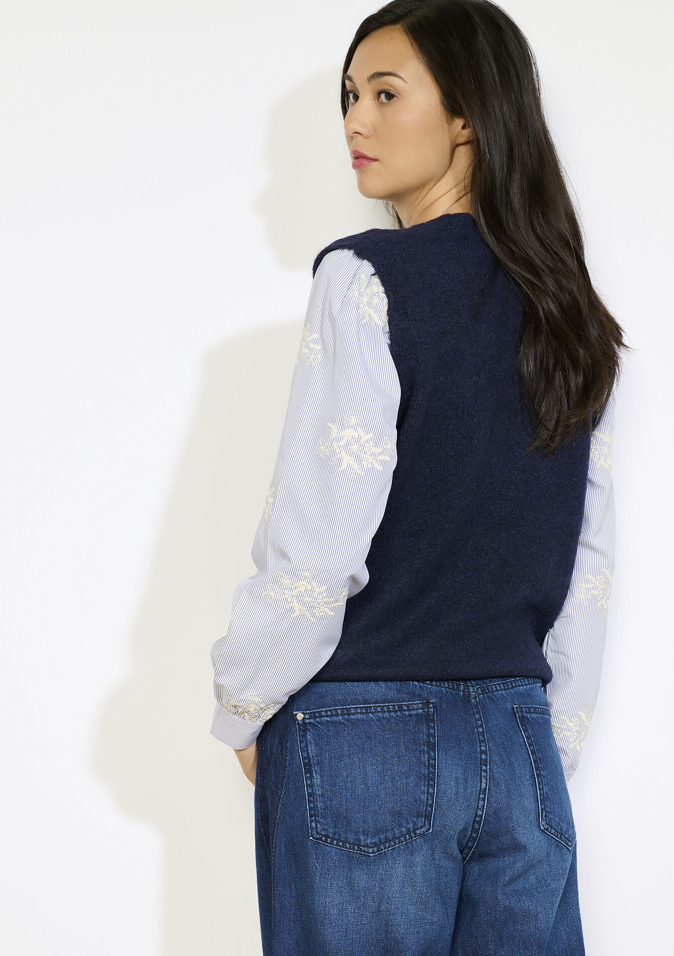 Poplin sleeve sweater - NAVY BASIC - 04006983_2723
