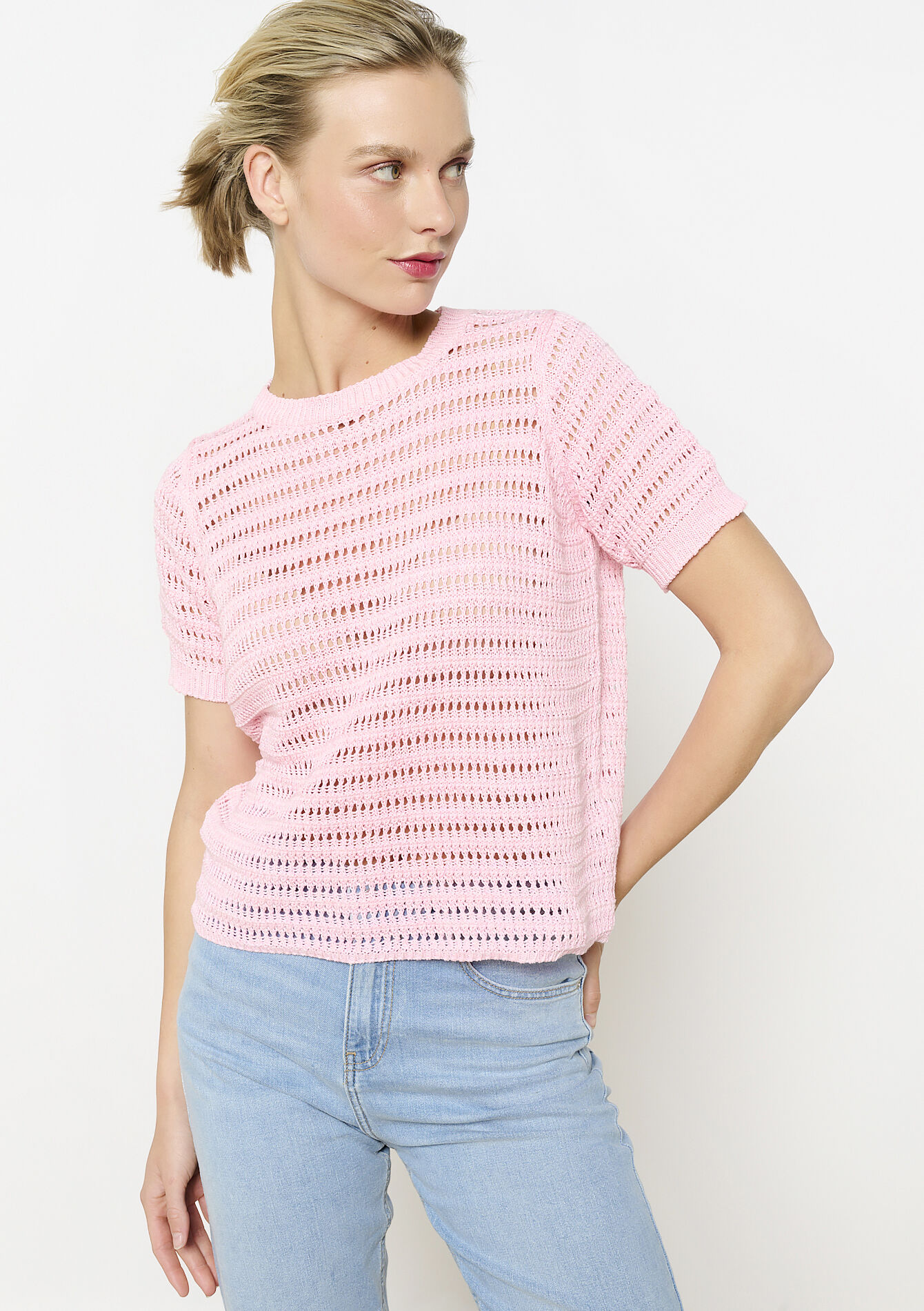 Opengewerkte t-shirt met korte mouwen, Opengewerkte t-shirt met korte mouwen - PINK BUBBLEGUM - 02301825_1477