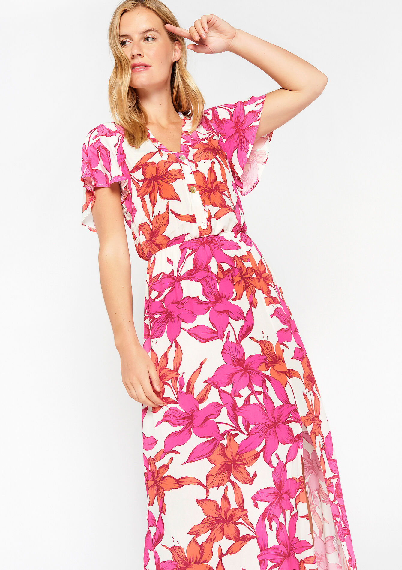 Maxi-jurk met tropische bloemen, Maxi-jurk met tropische bloemen - FUCHSIA - 08602090_5626