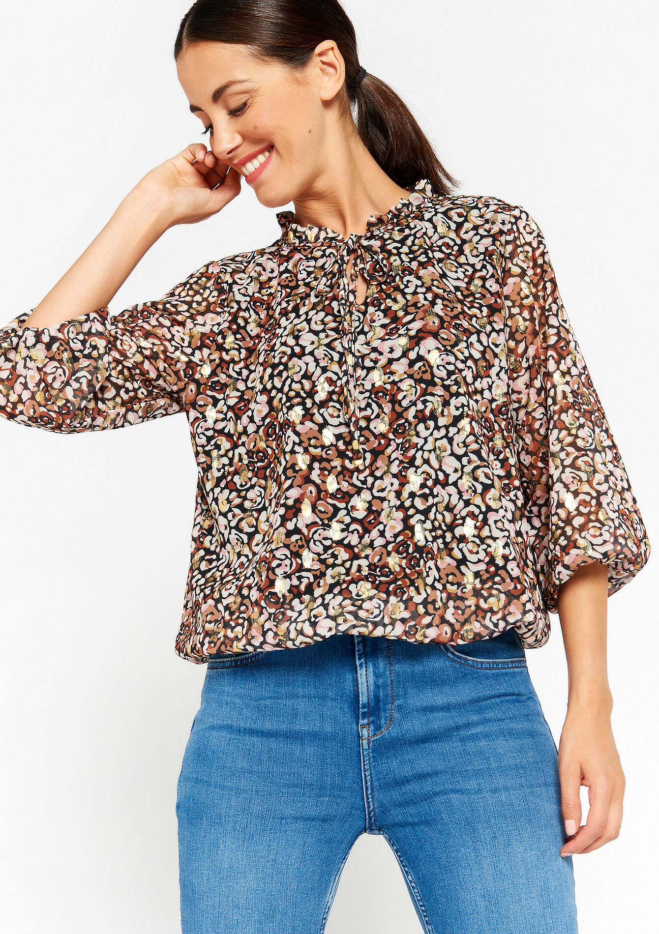 Lurex blouse met dierenprint - CAMEL BROWN - 1082646