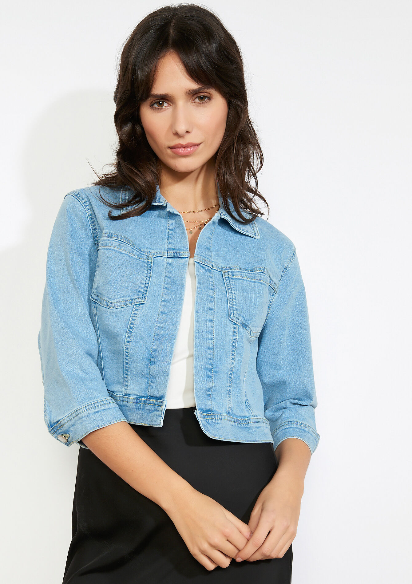 Cropped denim jacket, , back