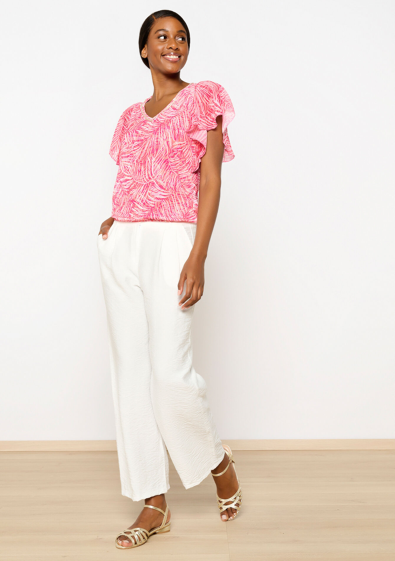 Voile T-shirt with leaf print, Voile T-shirt with leaf print - FUCHSIA - 02301613_5626