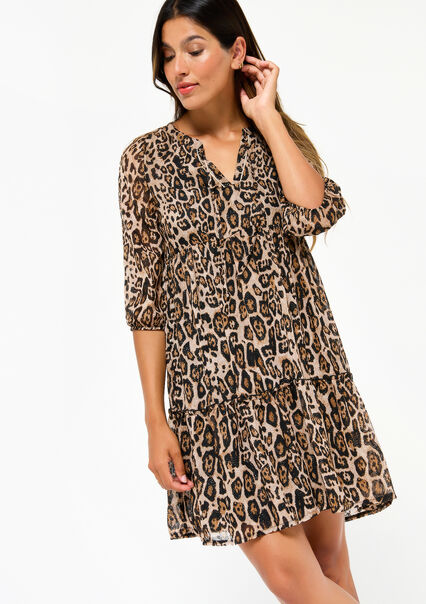 Calf-length dress in leopard print - CARAMEL COFFEE - 08102624_952