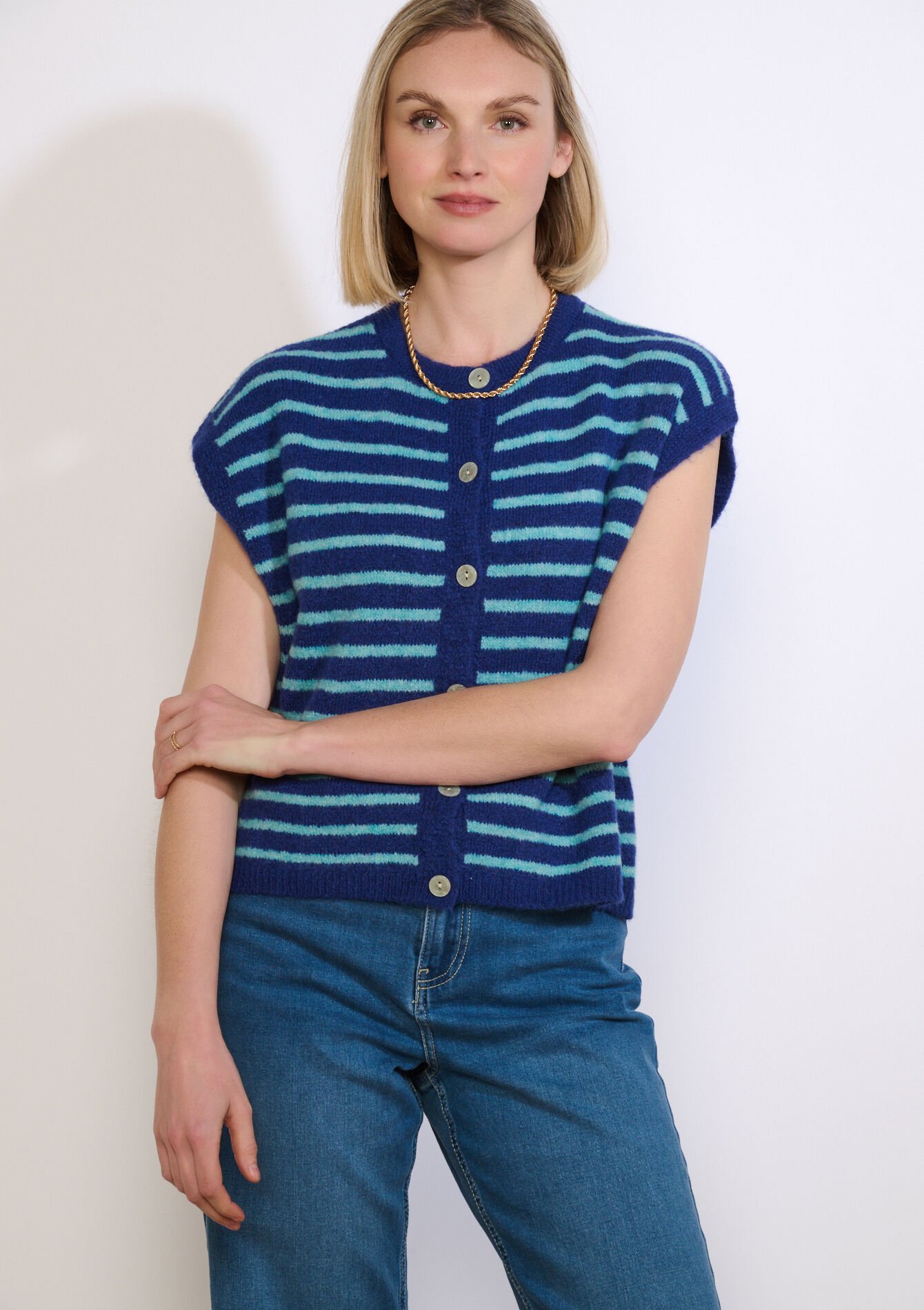 Mouwloos gestreept vest - BLUE COBALT - 04101444_2925