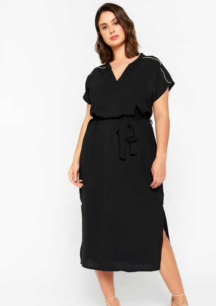 Midi dress with V-neck - BLACK - 08601975_1119