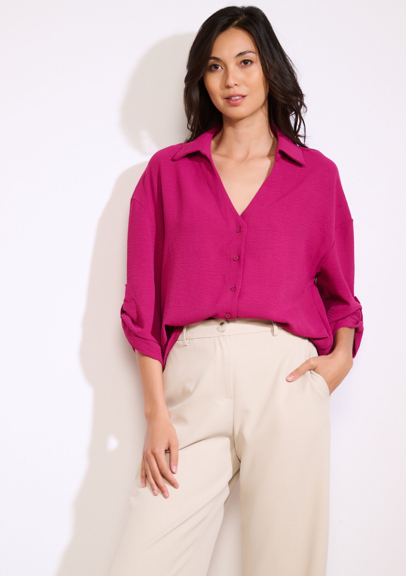 Losvallend overhemd met knopen, Losvallend overhemd met knopen - FUCHSIA - 05702938_5626