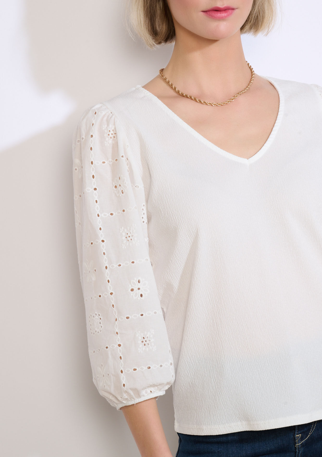 Blouse with lace sleeves - OFFWHITE - 02301998