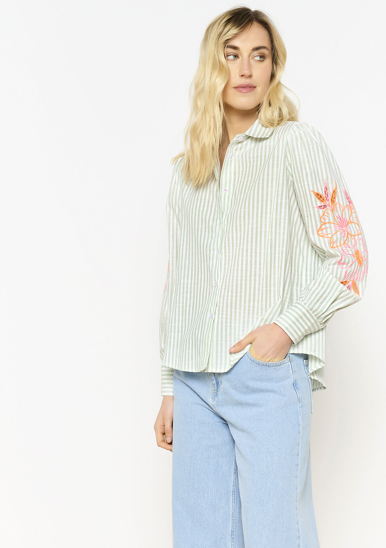 Chemise rayée brodée, Chemise rayée brodée - KHAKI MINT - 05702724_2542