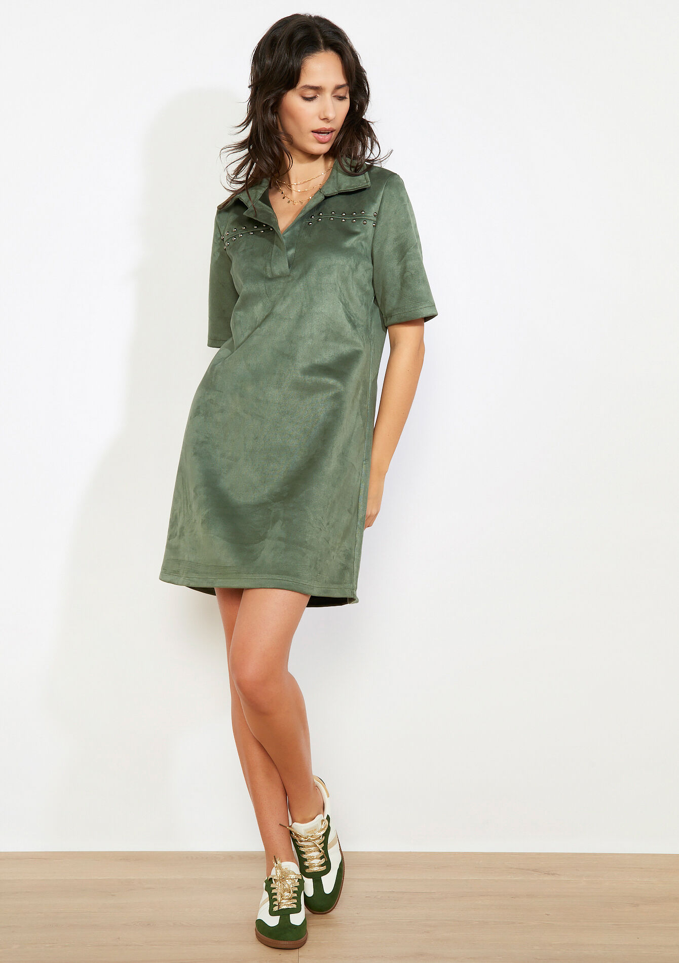Robe suédine ornée, Robe suédine ornée - KHAKI MED - 08104444_4327