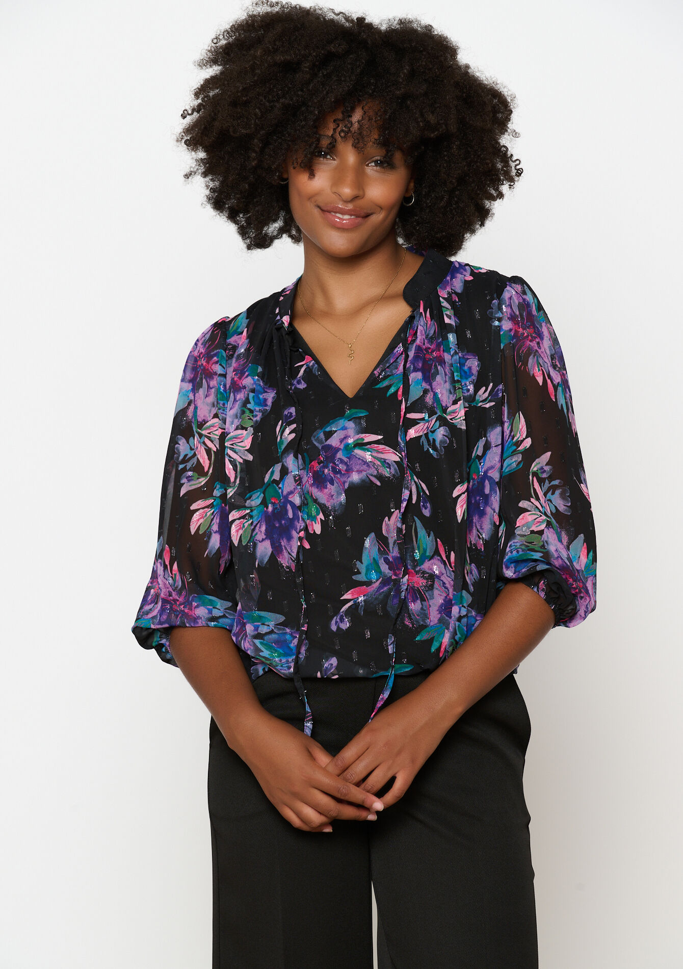 Blouse met bloemenprint, Blouse met bloemenprint - BLACK - 05702656_1119